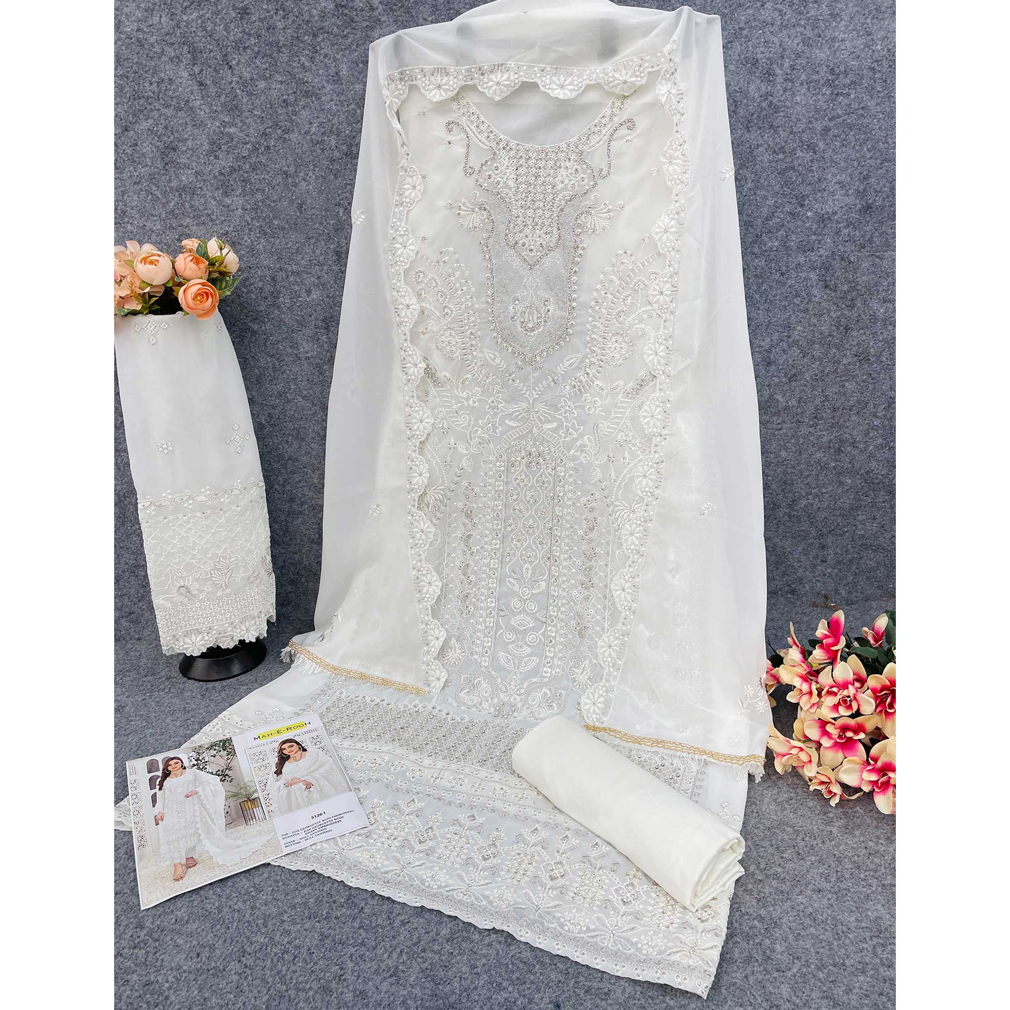 White Floral Embroidered Georgette Semi Stitched Pakistani Suit