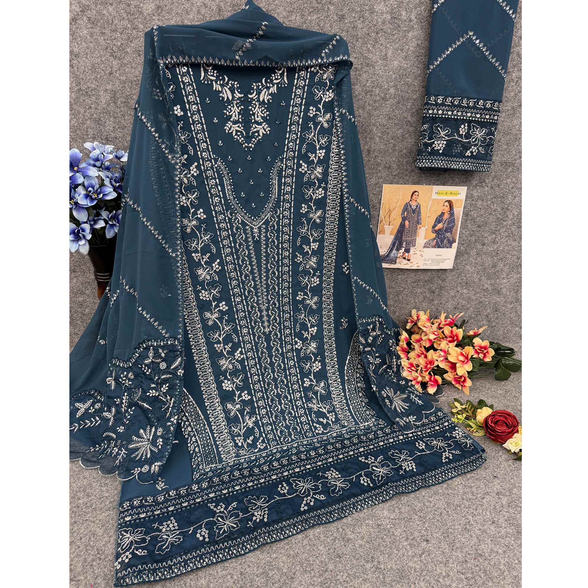 Blue Floral Embroidered Georgette Semi Stitched Pakistani Suit