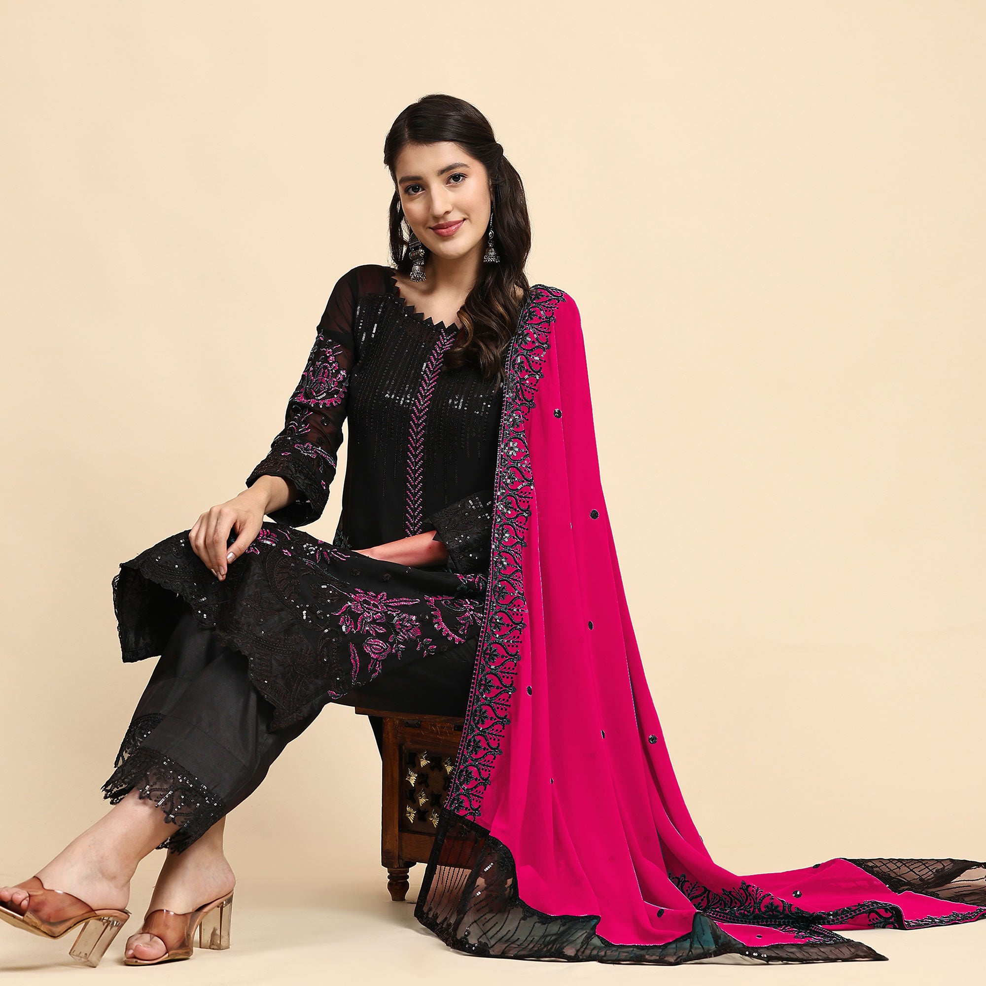 Black & Pink Floral Embroidered Georgette Semi Stitched Pakistani Suit