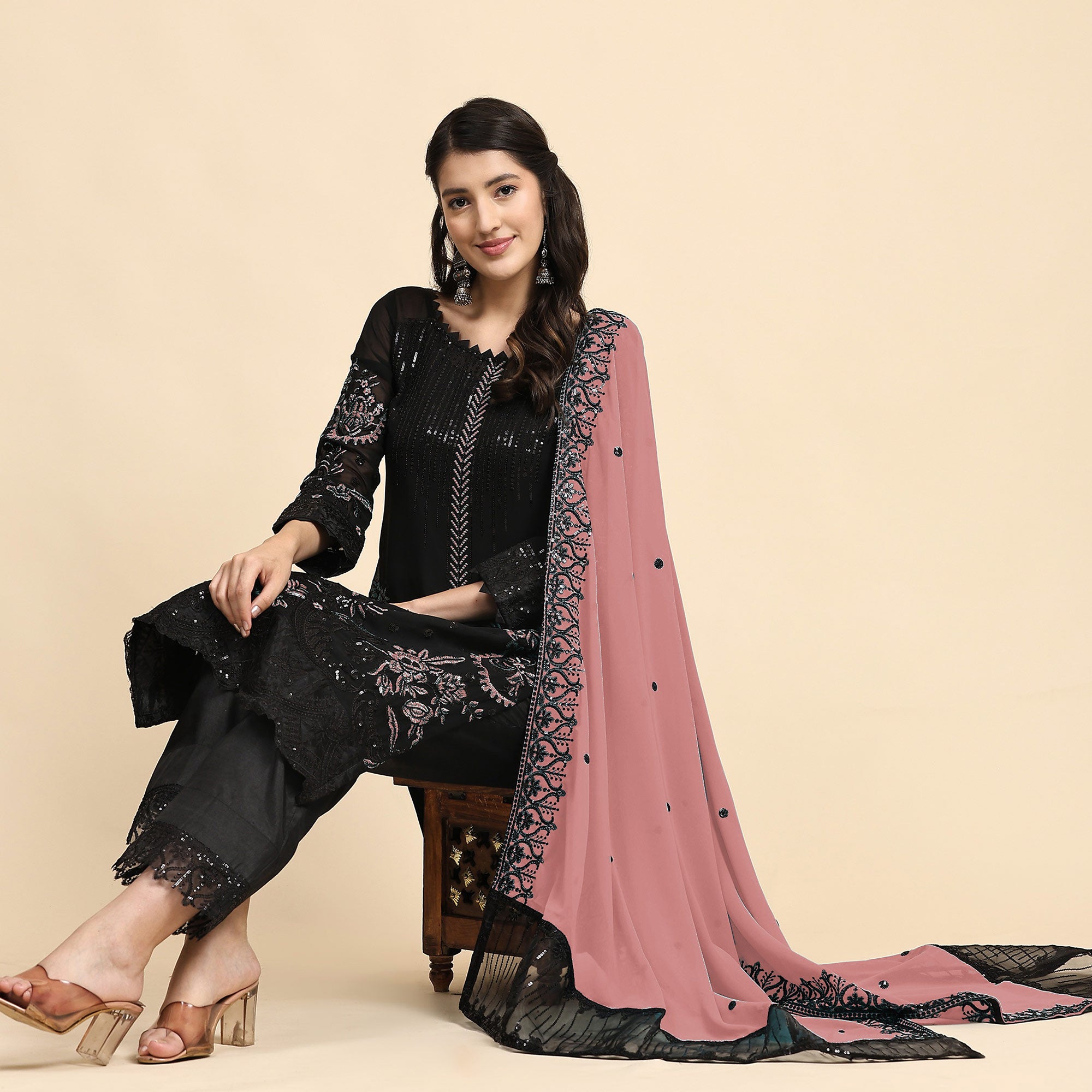 Black & Peach Floral Embroidered Georgette Semi Stitched Pakistani Suit