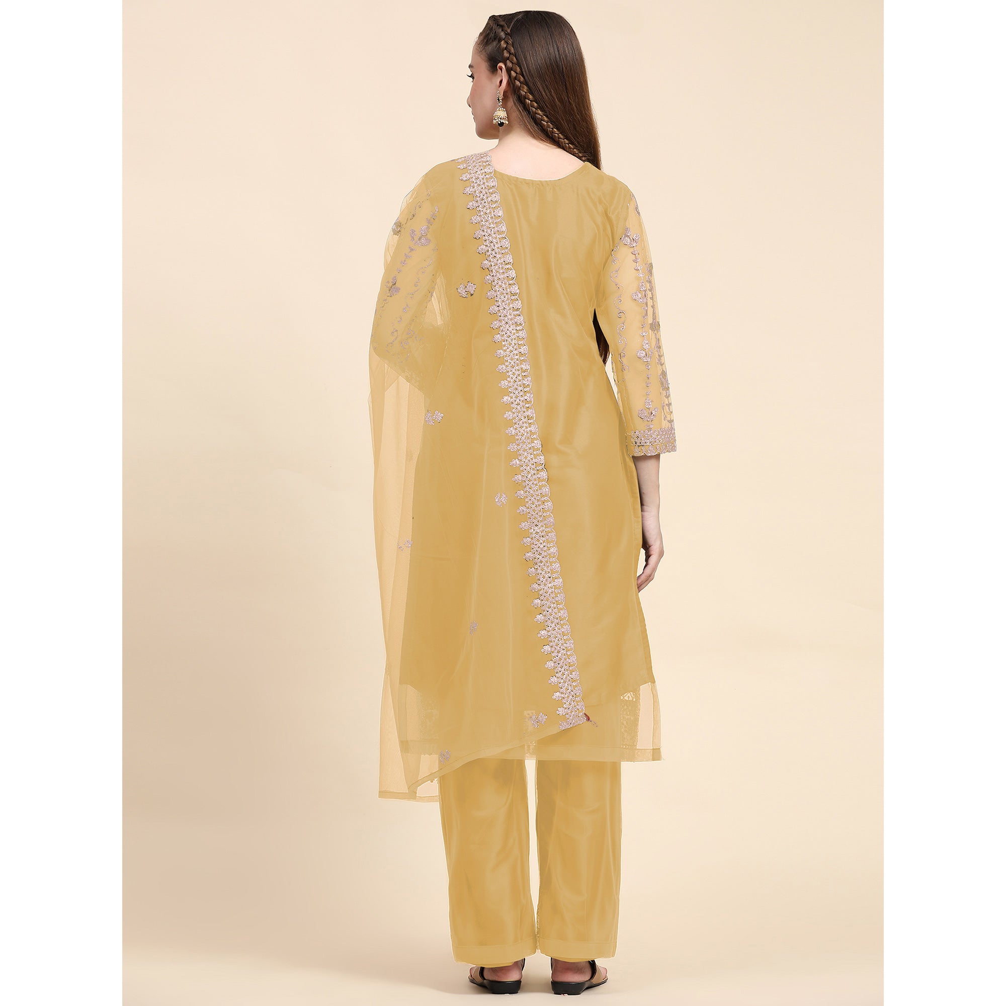 Yellow Sequins Embroidered Net Semi Stitched Pakistani Suit