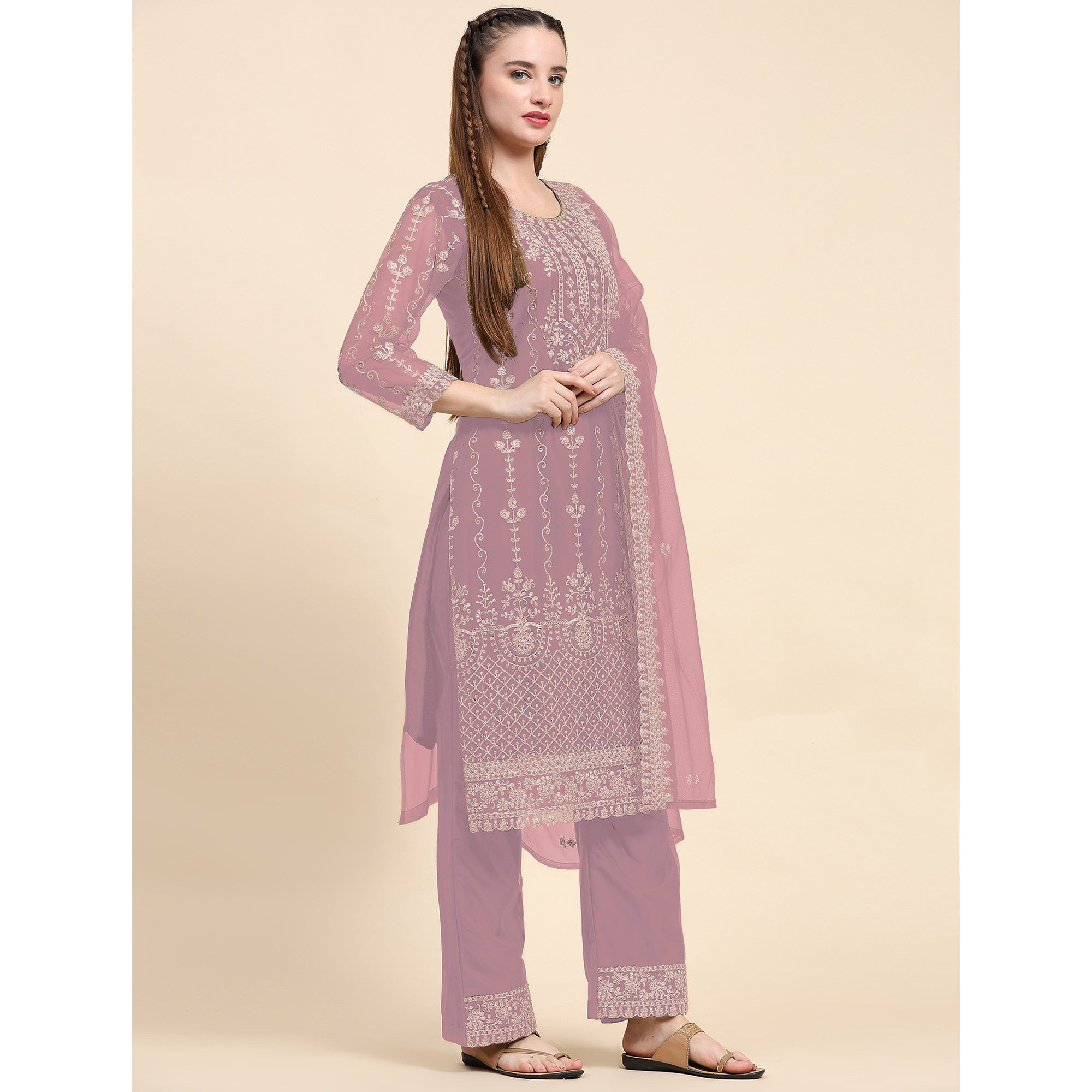 Pastel Pink Sequins Embroidered Net Semi Stitched Pakistani Suit