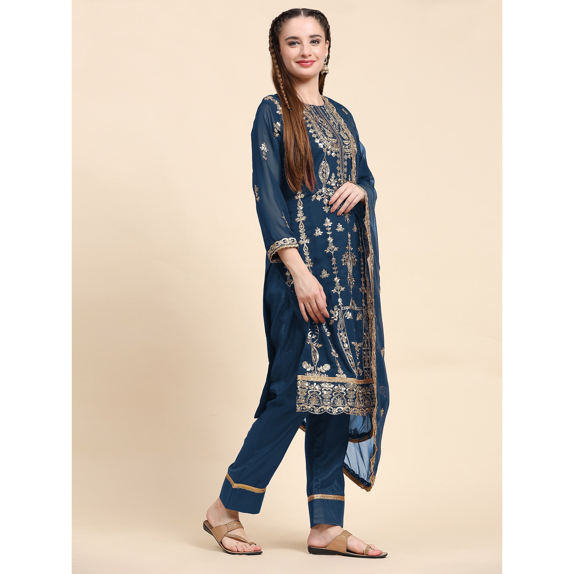 Blue Sequins Embroidered Georgette Semi Stitched Pakistani Suit