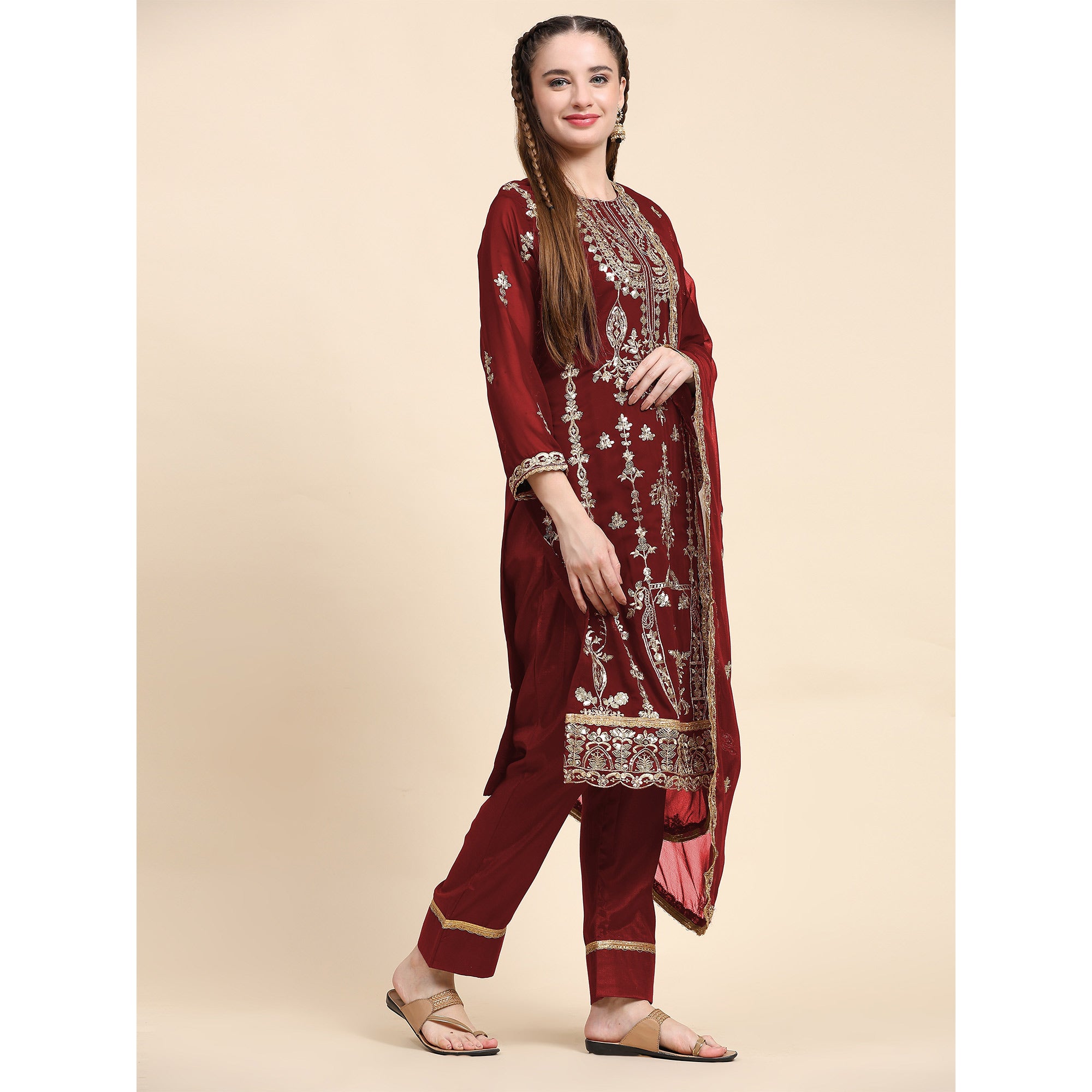 Maroon Sequins Embroidered Georgette Semi Stitched Pakistani Suit