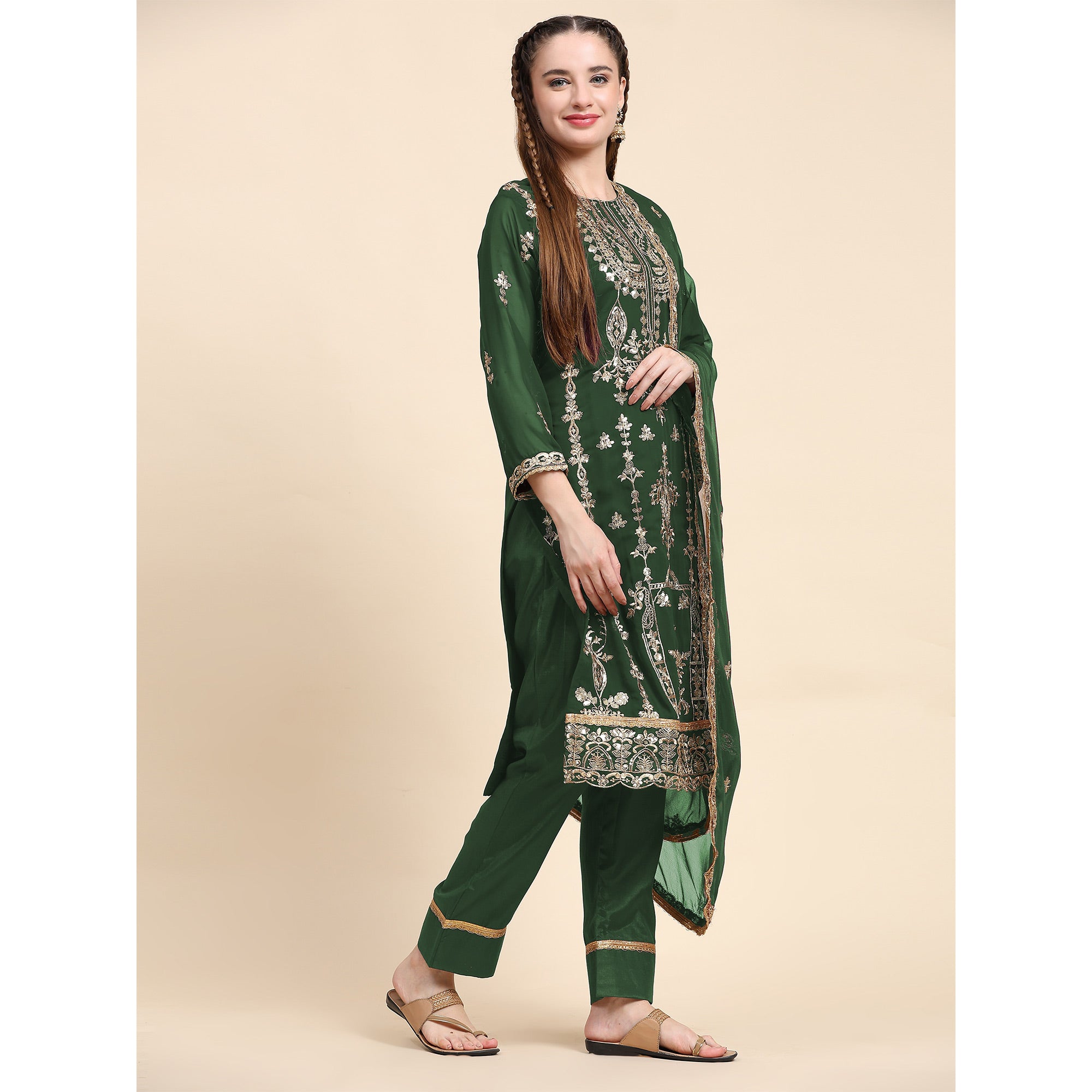 Green Sequins Embroidered Georgette Semi Stitched Pakistani Suit