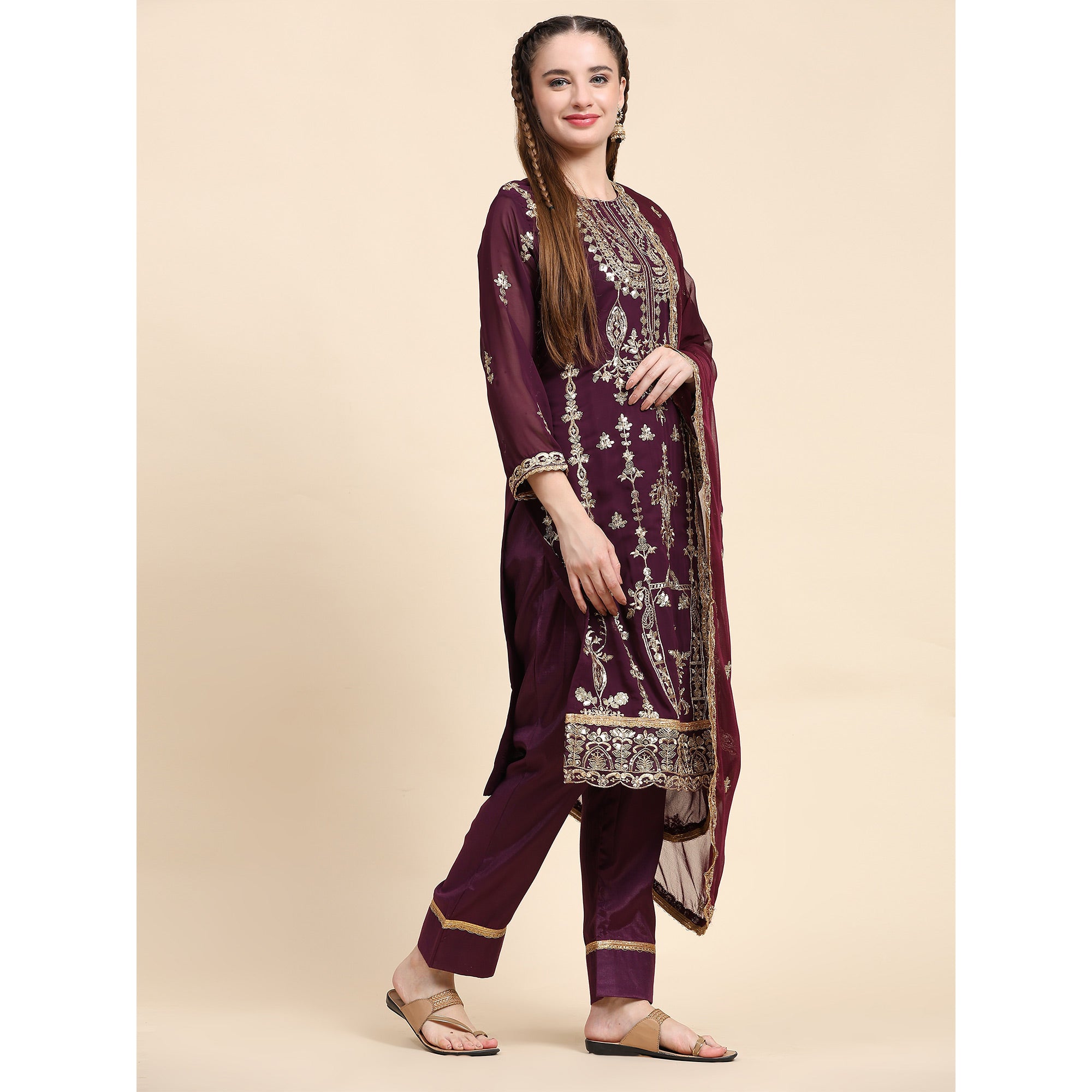 Purple Sequins Embroidered Georgette Semi Stitched Pakistani Suit