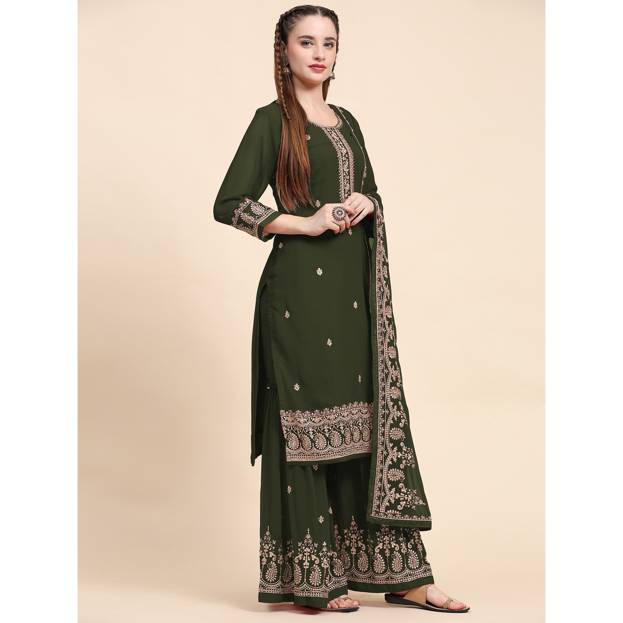 Green Floral Embroidered Georgette Semi Stitched Suit