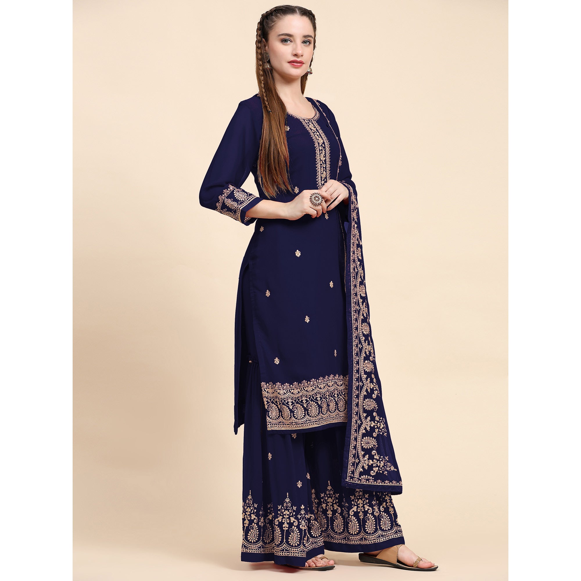 Blue Floral Embroidered Georgette Semi Stitched Suit