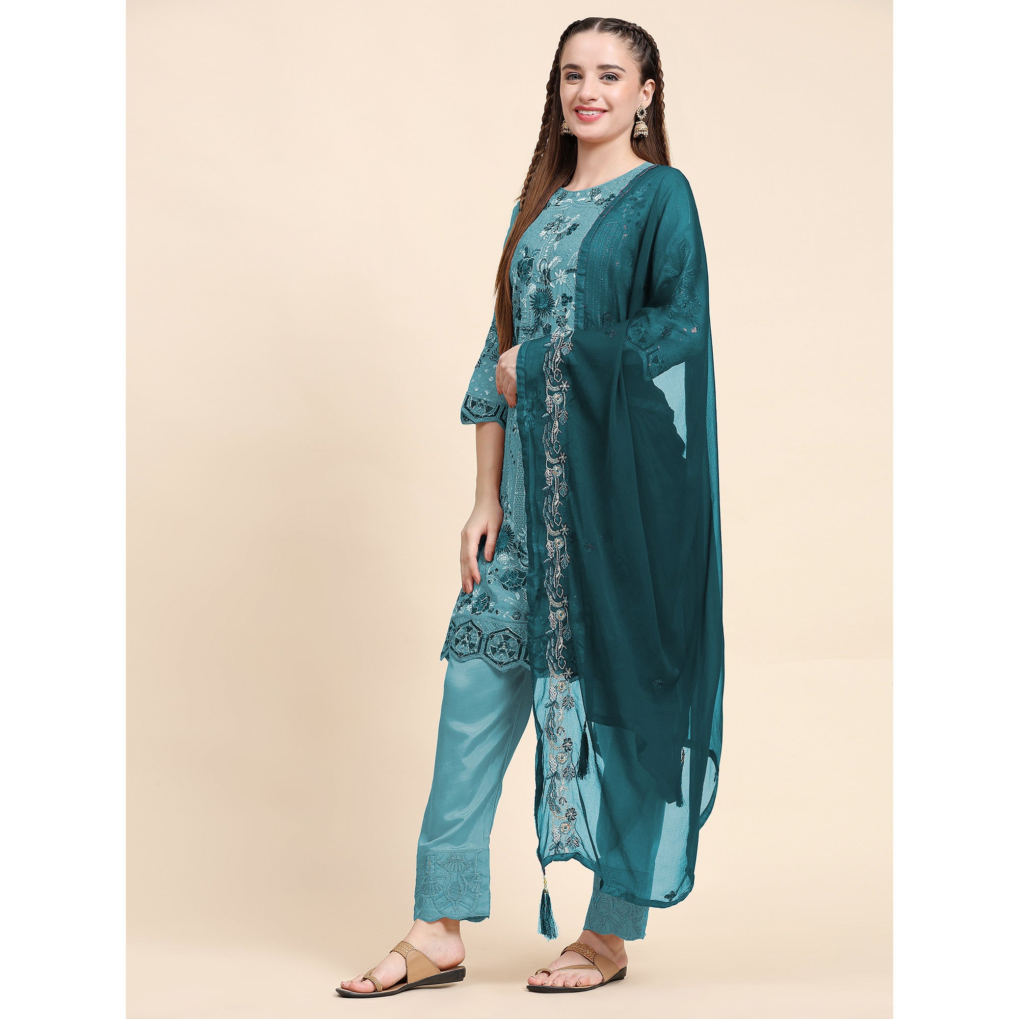 Sky Blue Floral Embroidered Georgette Semi Stitched Pakistani Suit