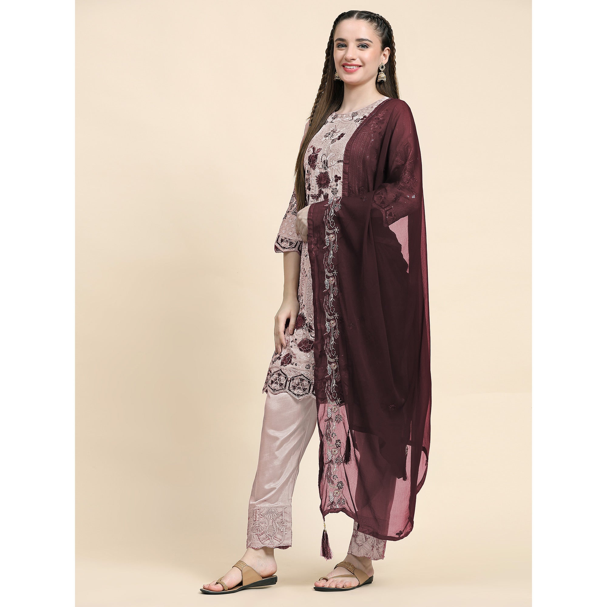 Beige Floral Embroidered Georgette Semi Stitched Pakistani Suit