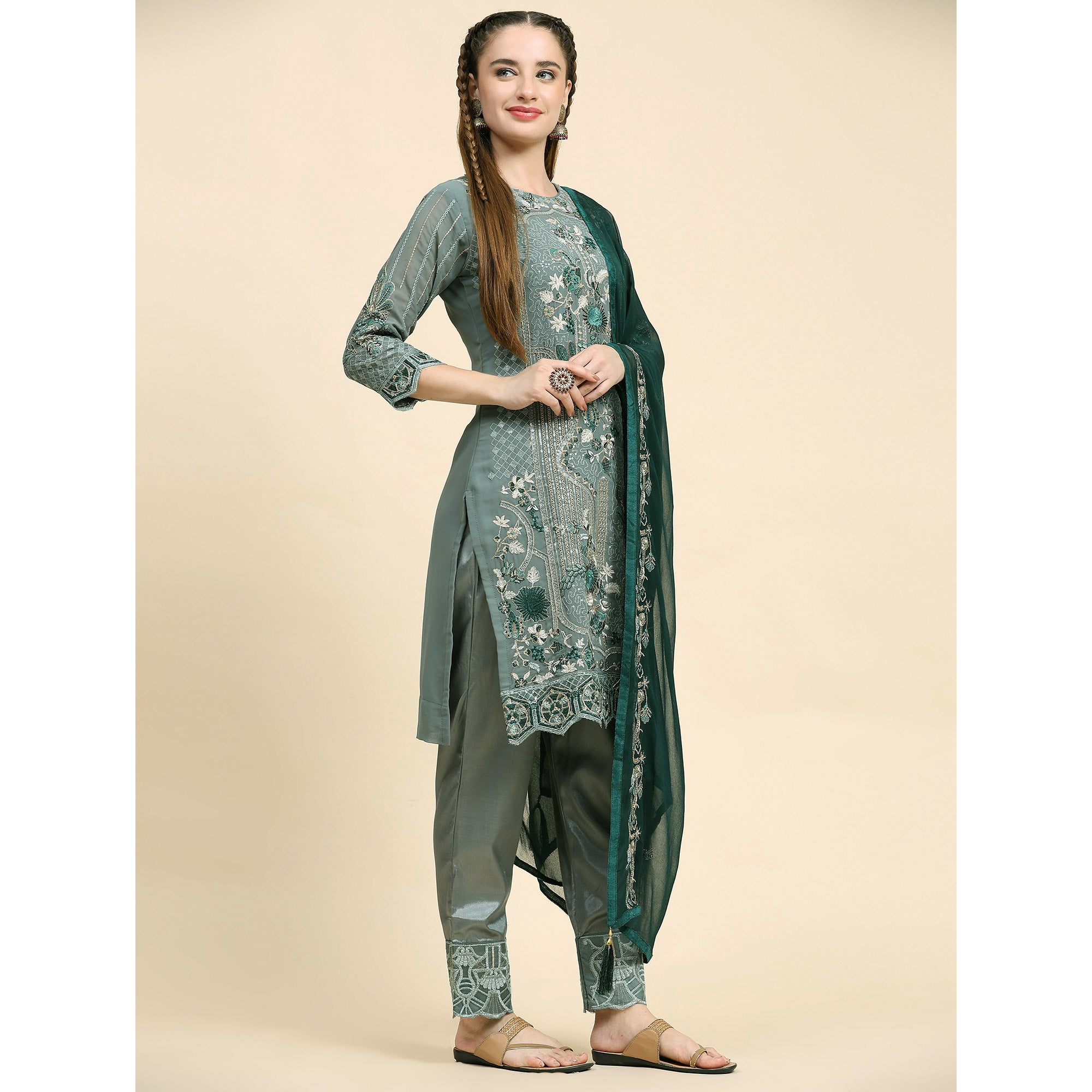 Green Floral Embroidered Georgette Semi Stitched Pakistani Suit