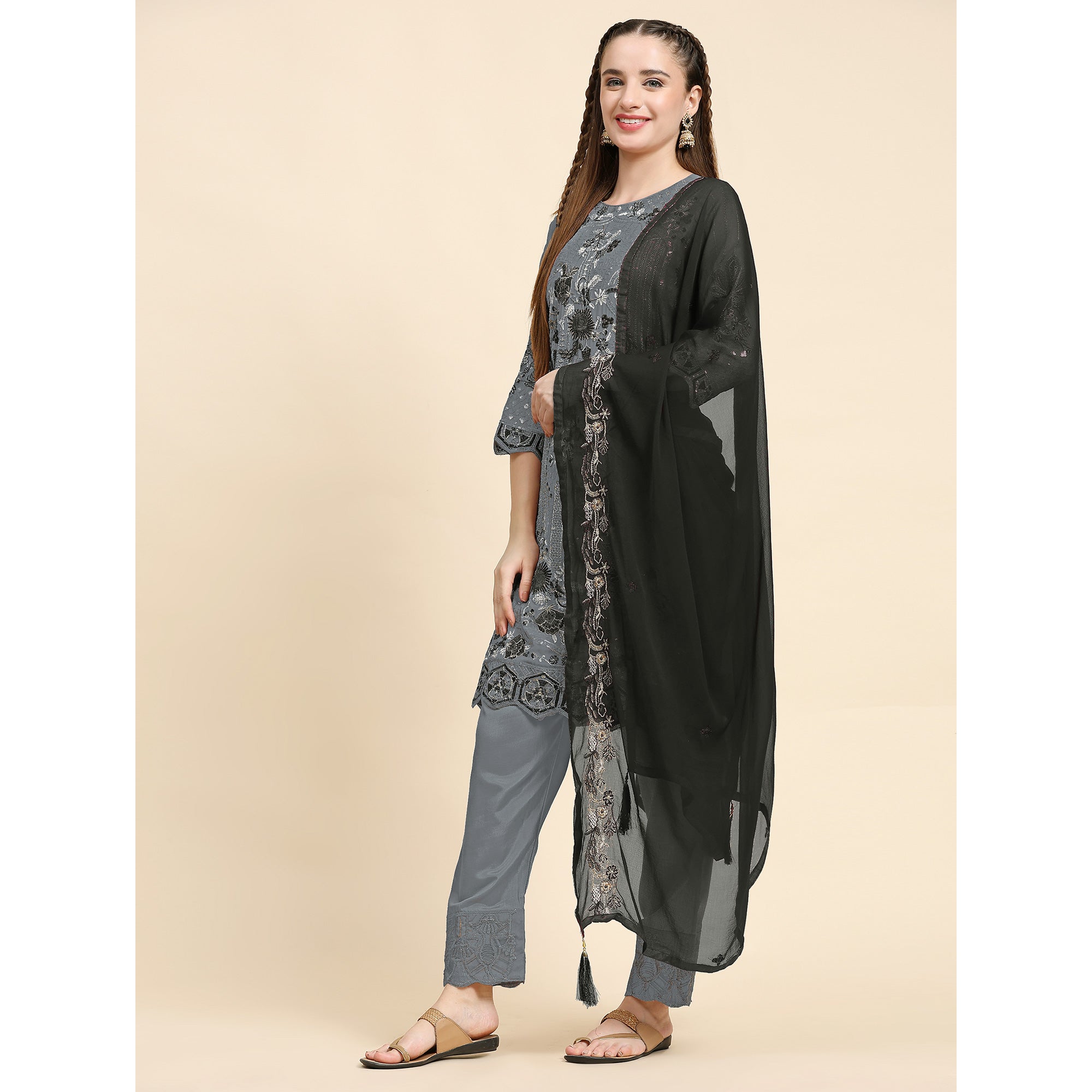 Grey Floral Embroidered Georgette Semi Stitched Pakistani Suit