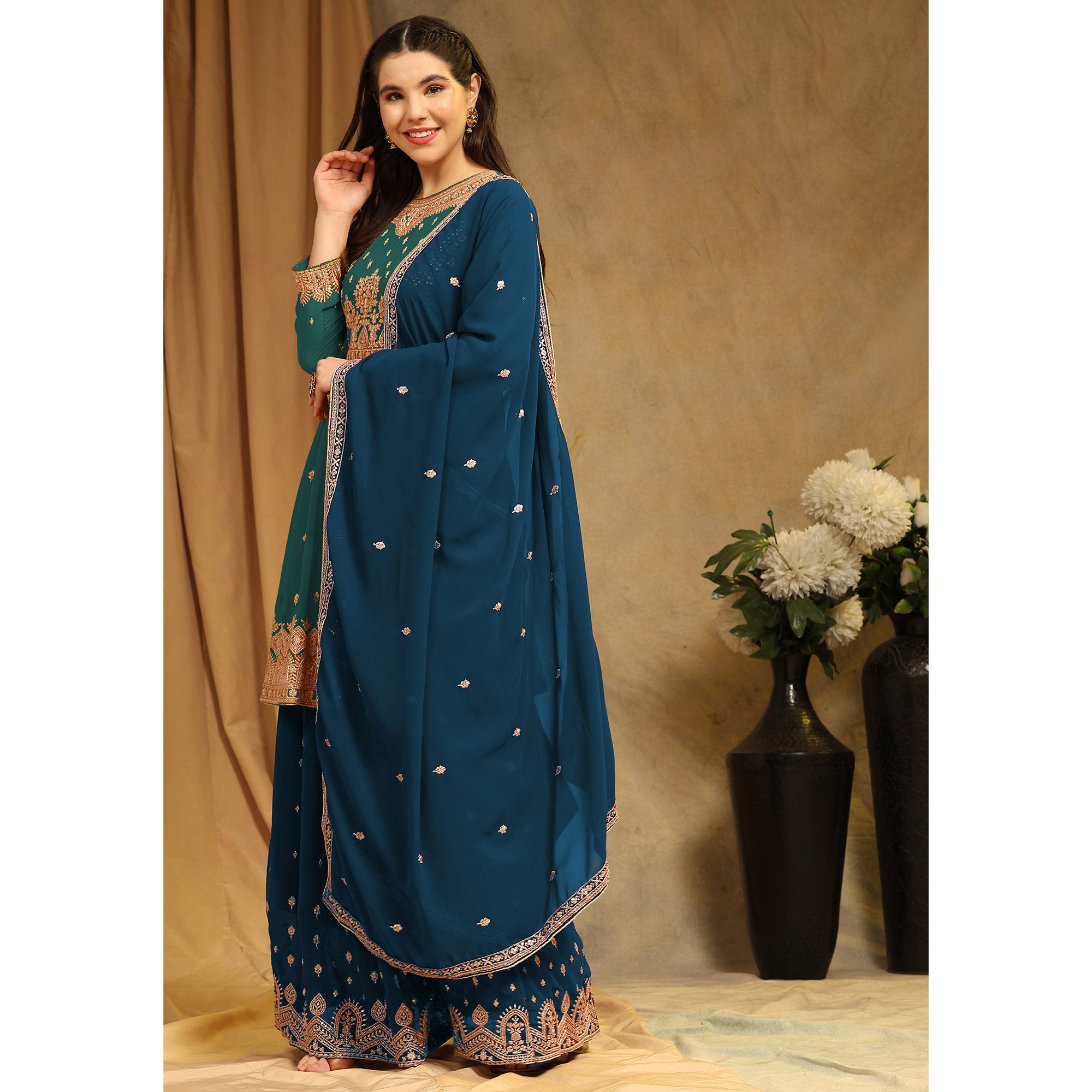 Teal Green Floral Embroidered Georgette Semi Stitched Sharara Suit