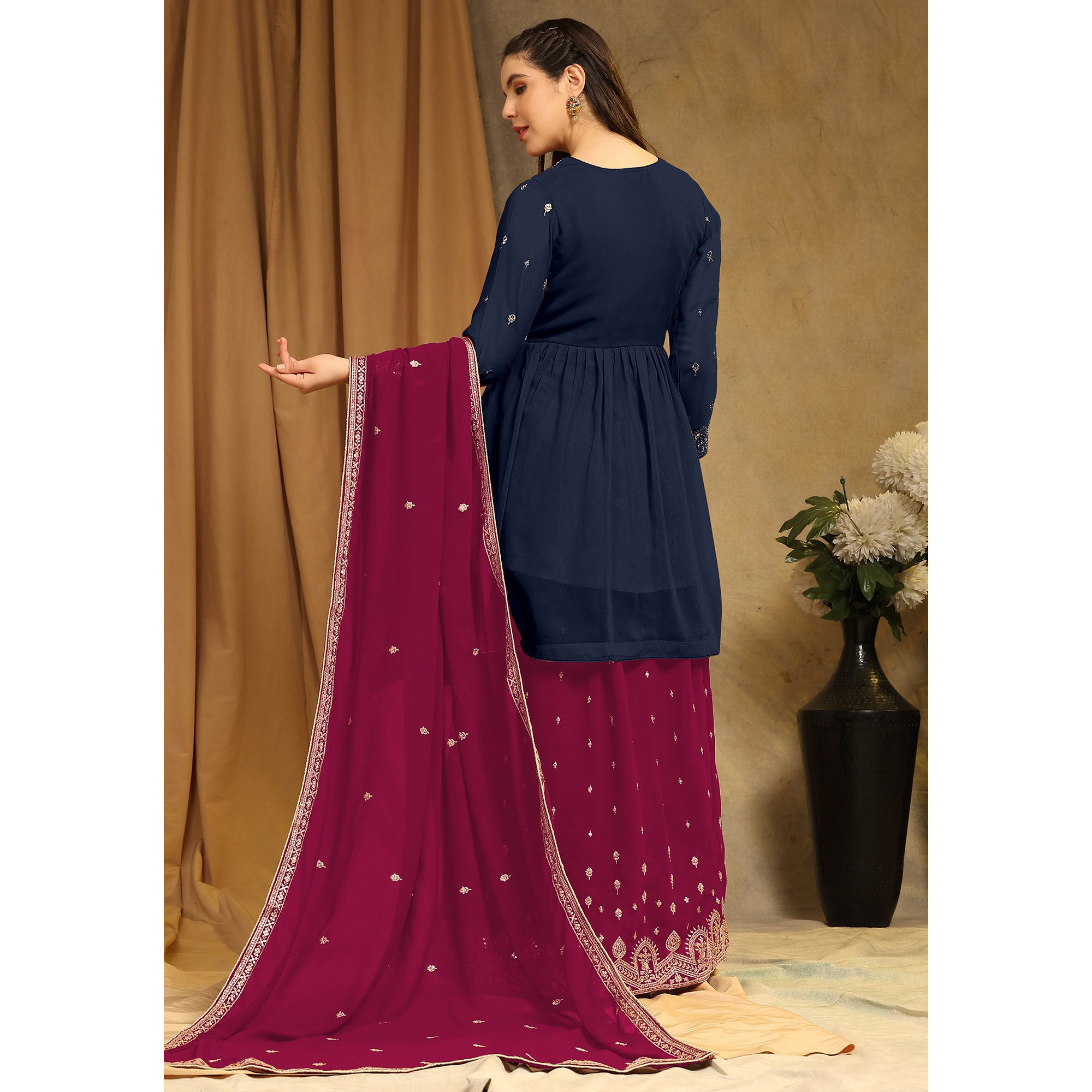 Blue Floral Embroidered Georgette Semi Stitched Sharara Suit