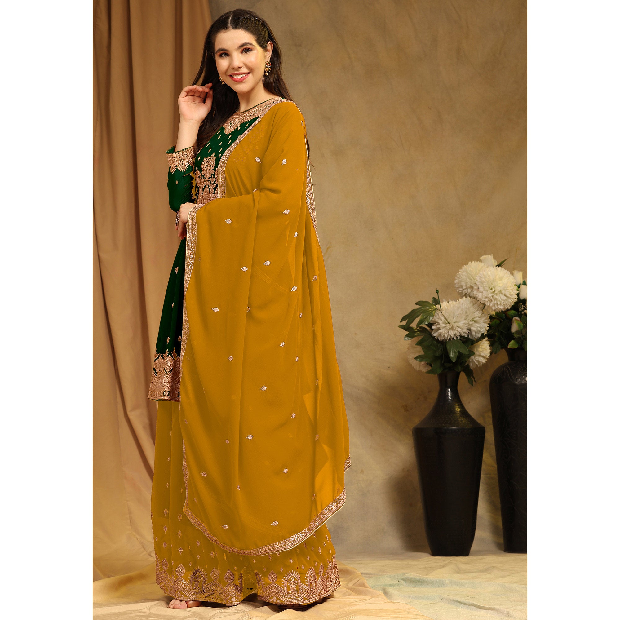Green Floral Embroidered Georgette Semi Stitched Sharara Suit
