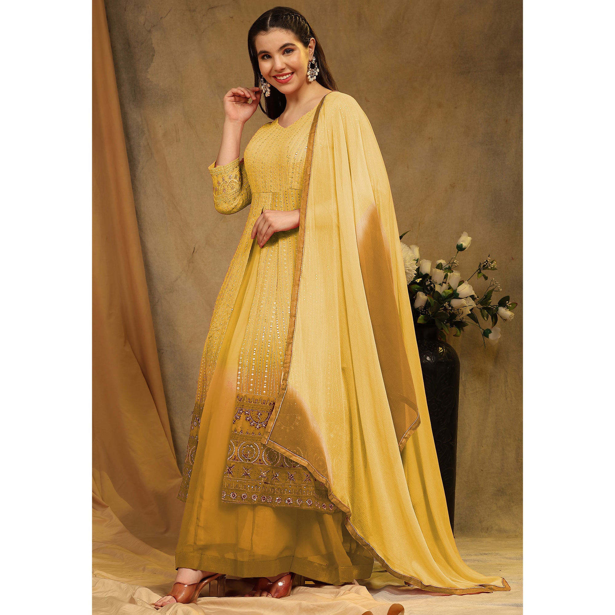 Yellow Sequins Embroidered Georgette Semi Stitched Sharara Suit