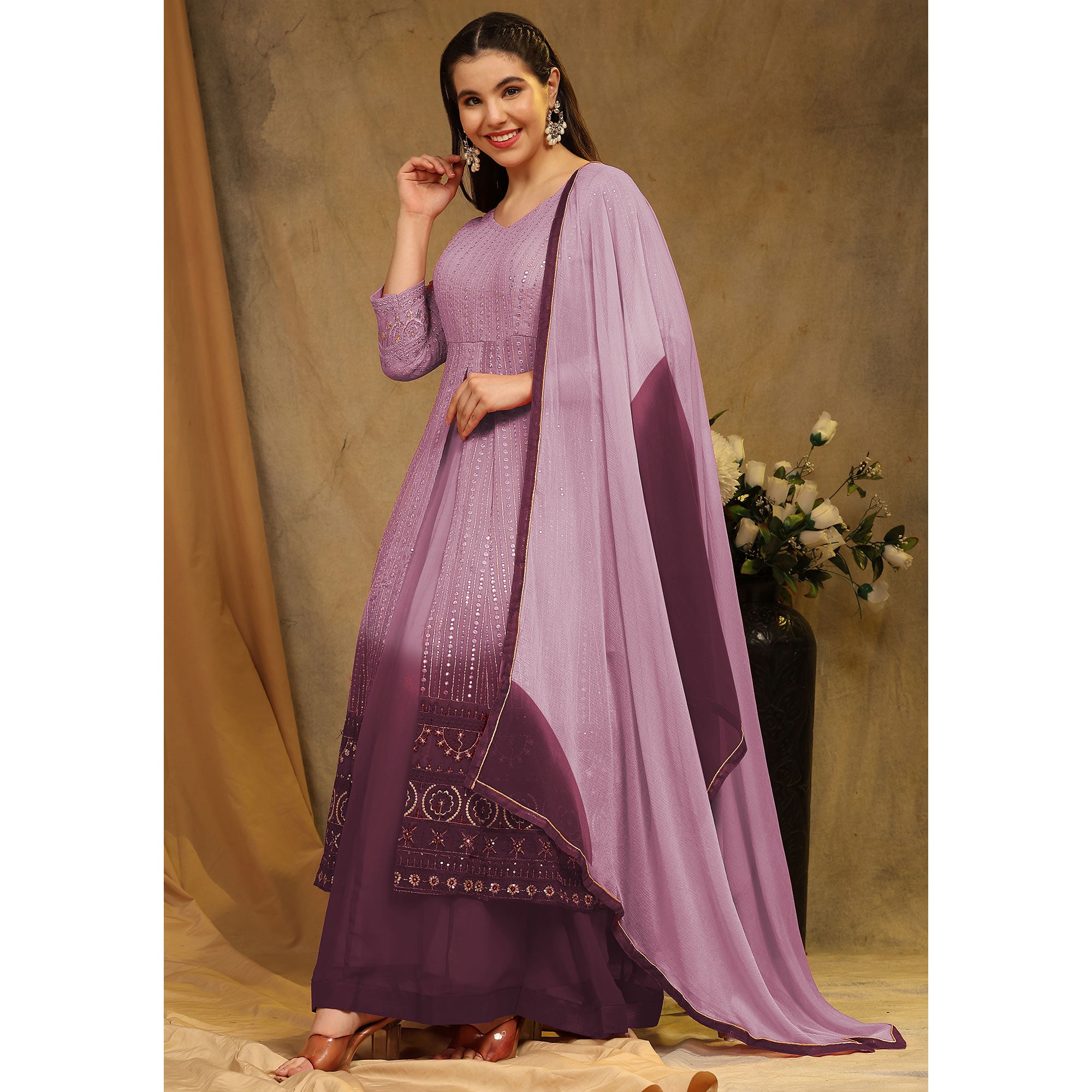 Violet Sequins Embroidered Georgette Semi Stitched Sharara Suit