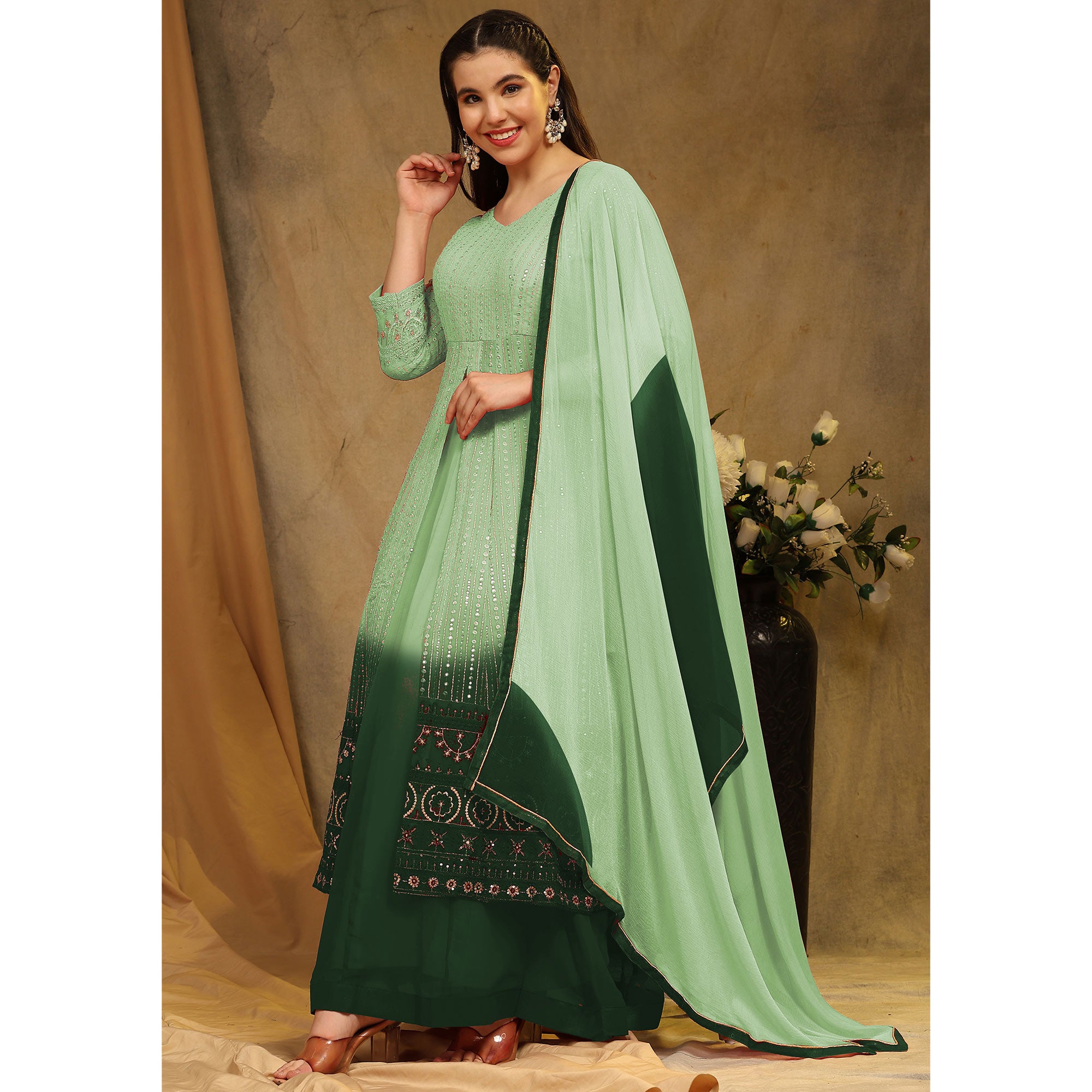 Green Sequins Embroidered Georgette Semi Stitched Sharara Suit