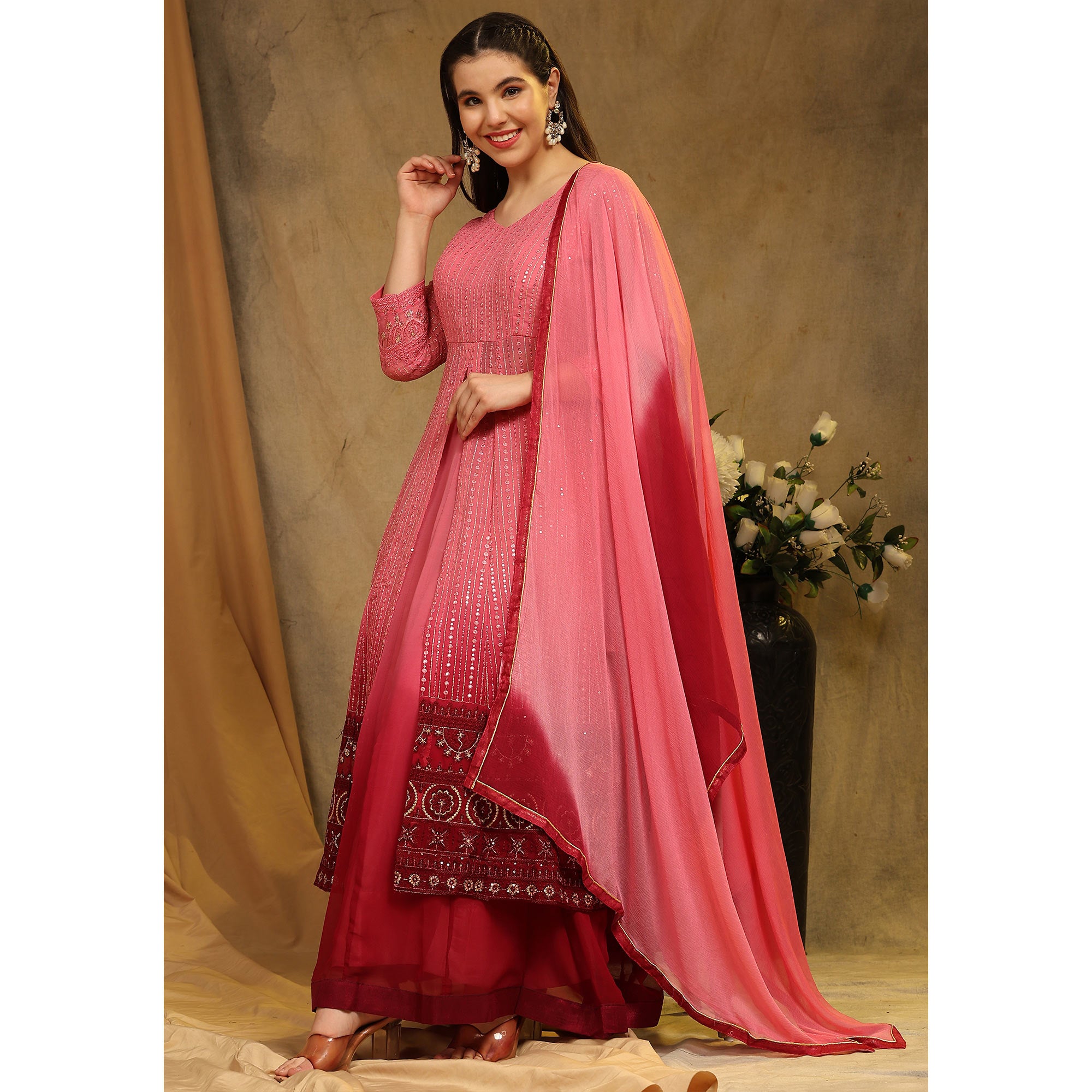 Red Sequins Embroidered Georgette Semi Stitched Sharara Suit