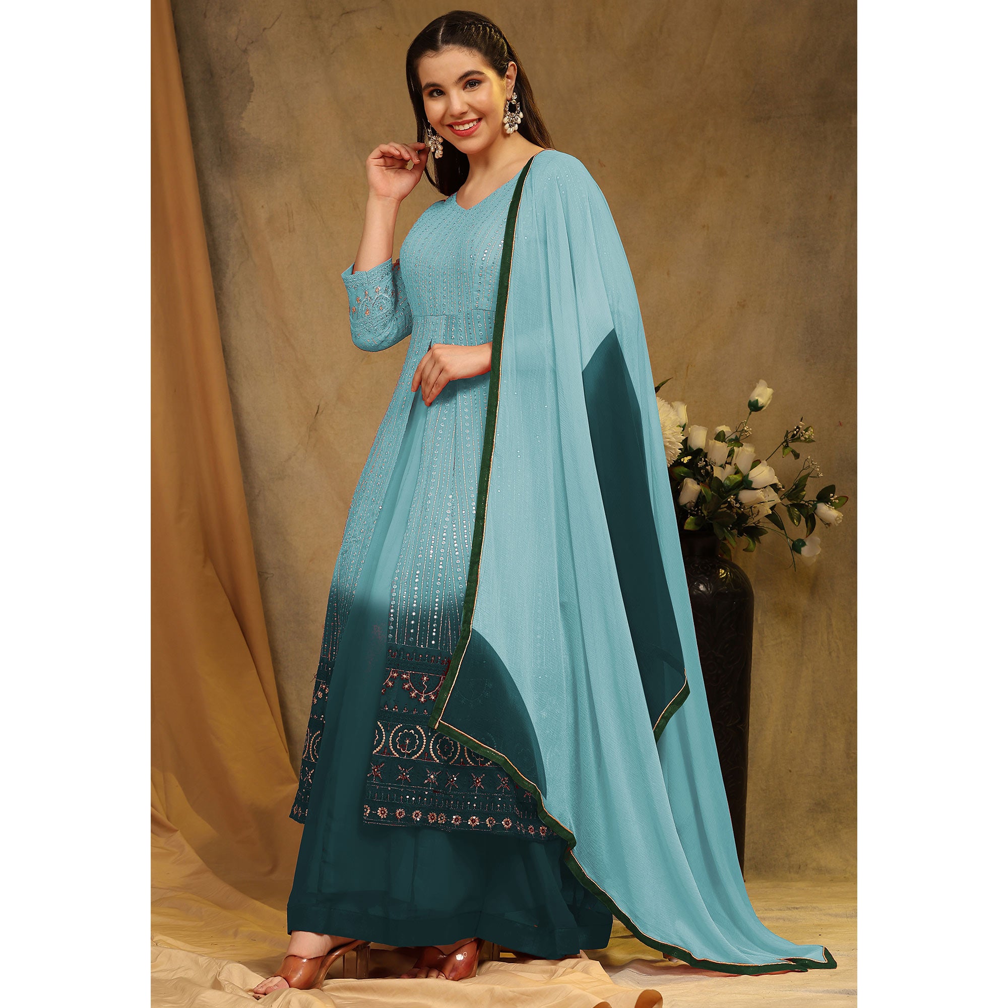 Sky Blue Sequins Embroidered Georgette Semi Stitched Sharara Suit