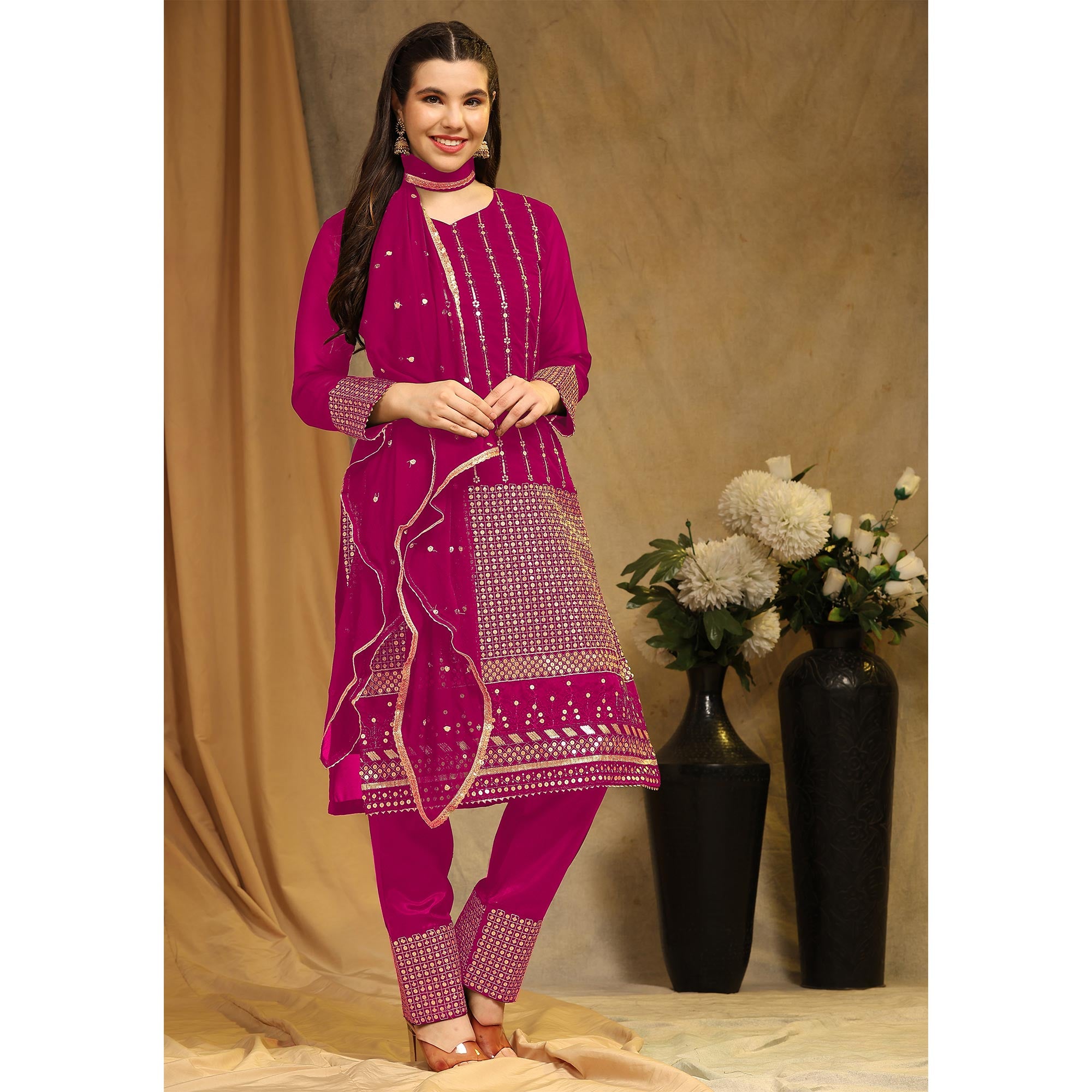Rani Pink Sequins Embroidered Georgette Semi Stitched Salwar Suit