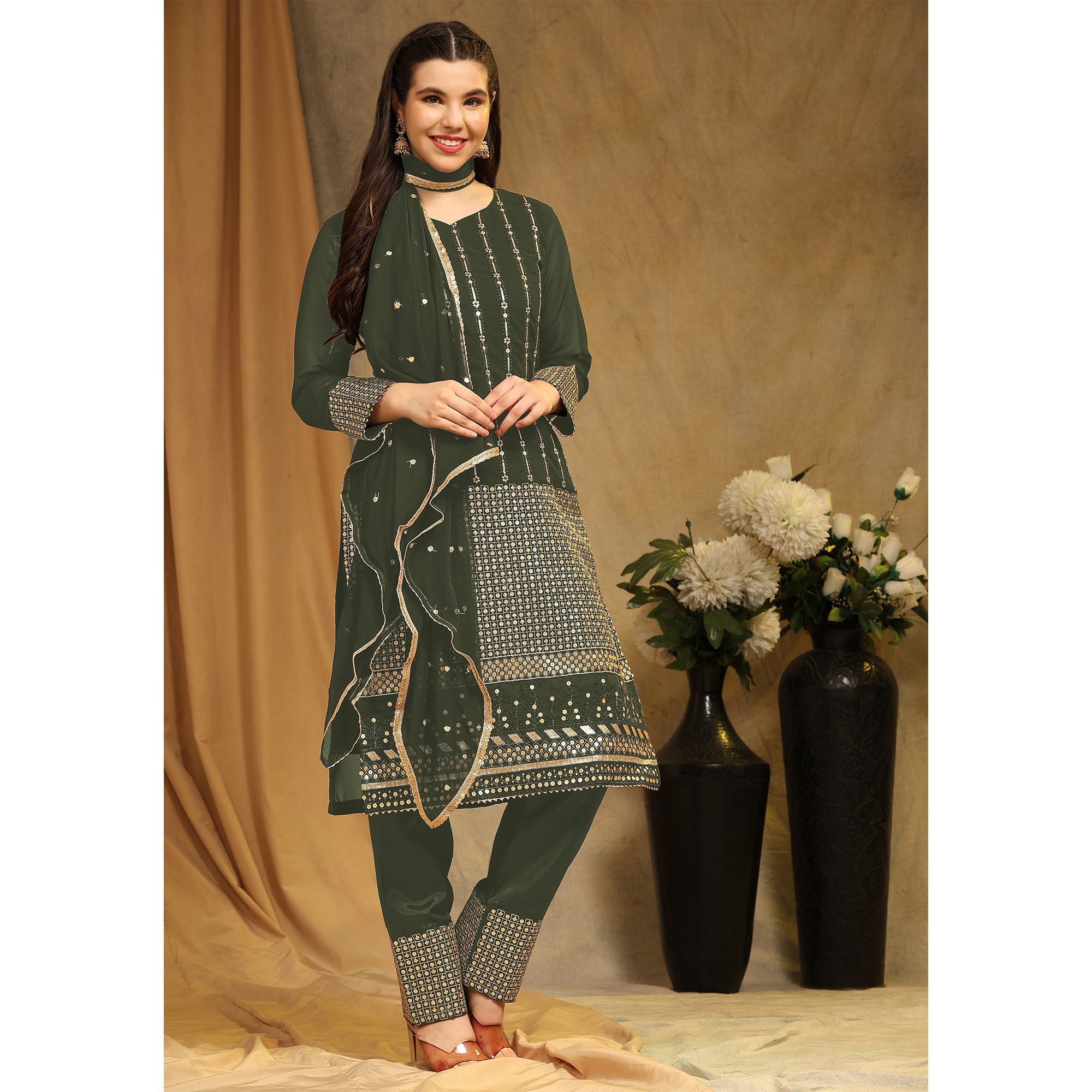 Mehendi Green Sequins Embroidered Georgette Semi Stitched Salwar Suit