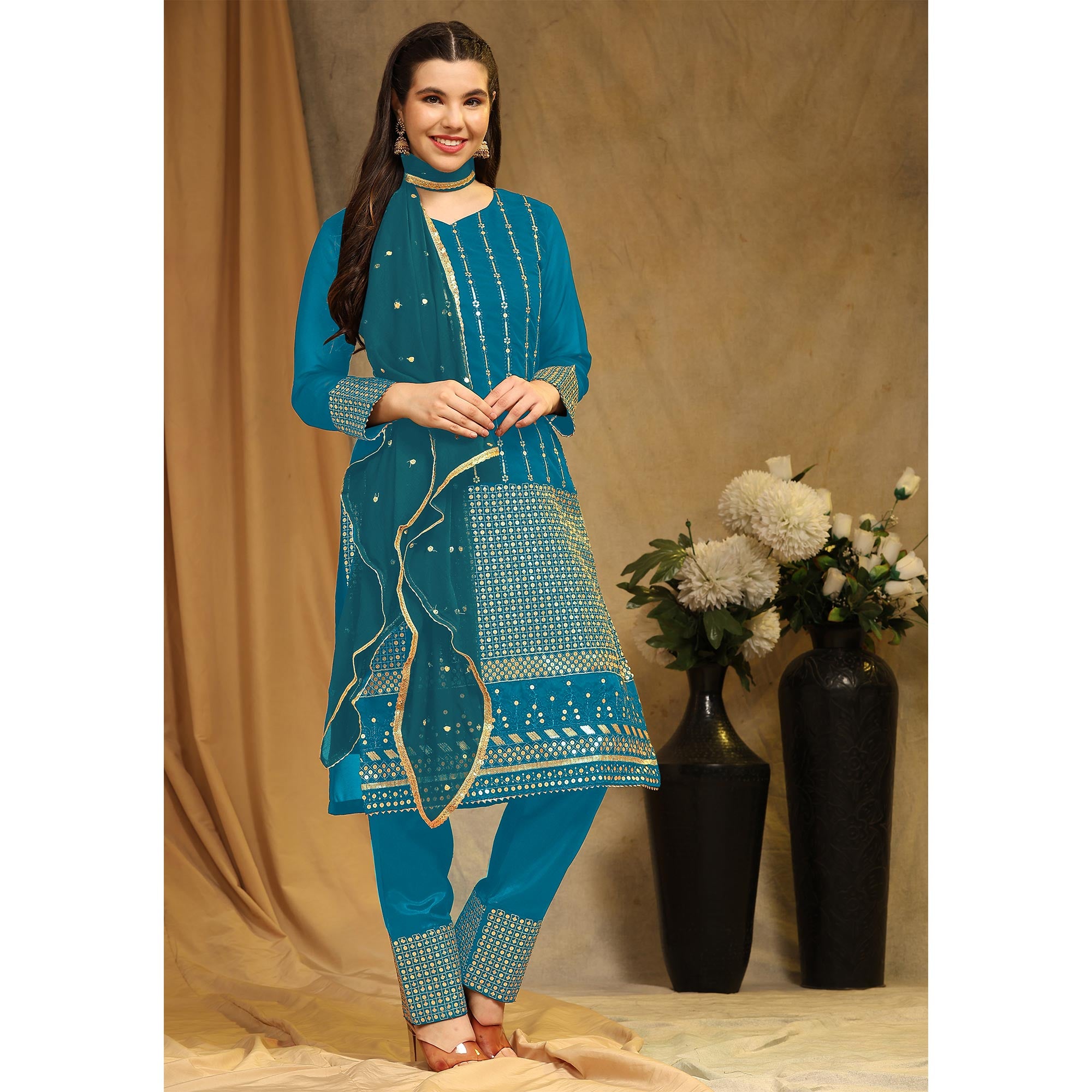 Rama Blue Sequins Embroidered Georgette Semi Stitched Salwar Suit