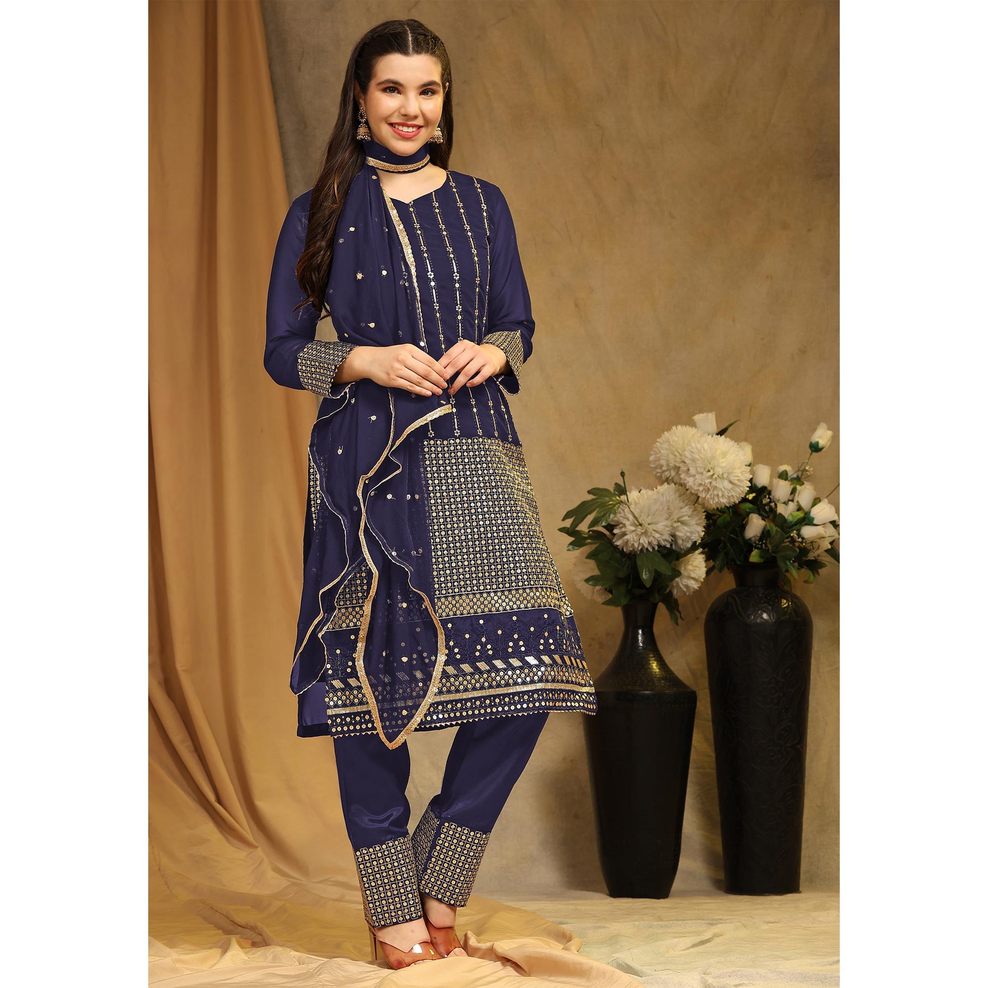 Navy Blue Sequins Embroidered Georgette Semi Stitched Salwar Suit