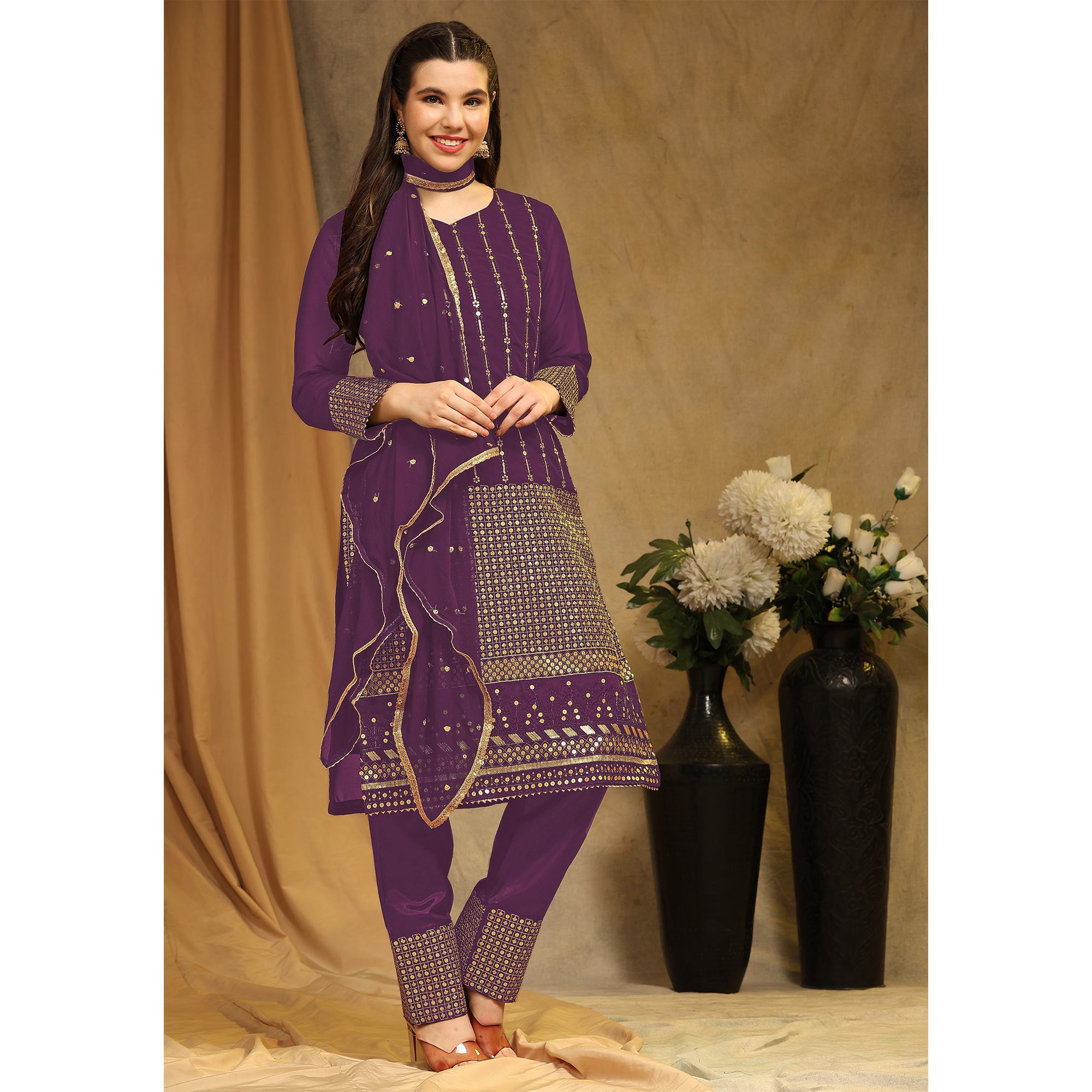 Wine Sequins Embroidered Georgette Semi Stitched Salwar Suit