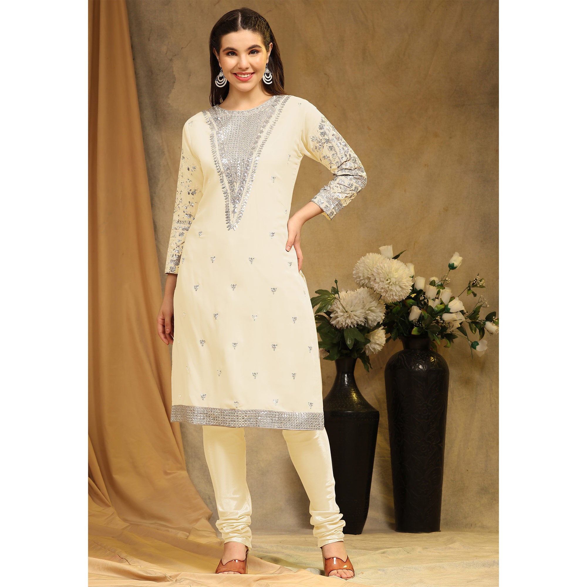 Cream Sequins Embroidered Georgette Semi Stitched Salwar Suit