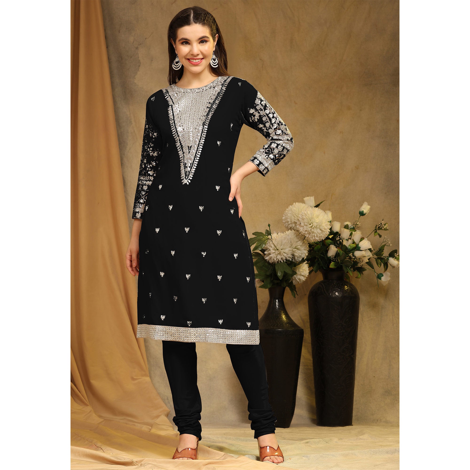 Black Sequins Embroidered Georgette Semi Stitched Salwar Suit