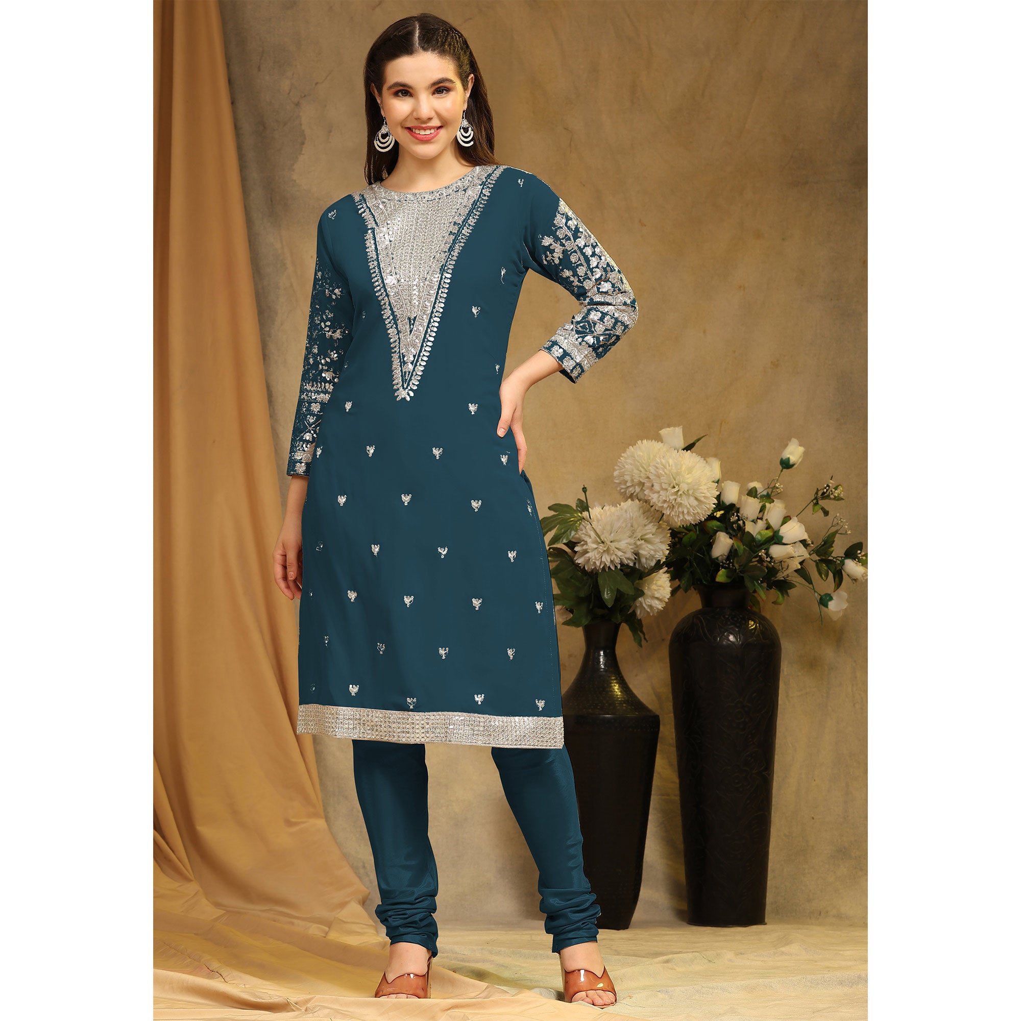 Morpich Sequins Embroidered Georgette Semi Stitched Salwar Suit