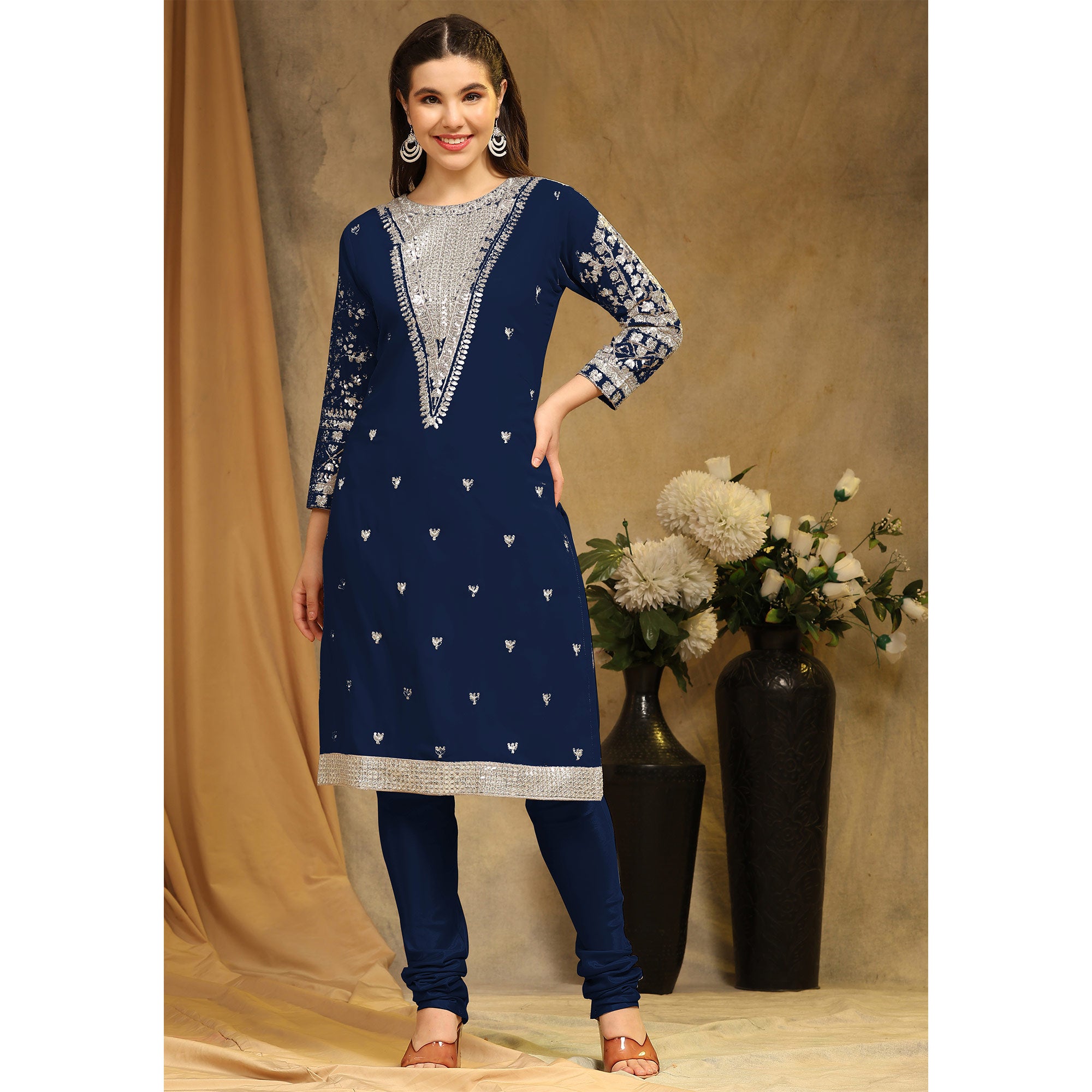Blue Sequins Embroidered Georgette Semi Stitched Salwar Suit