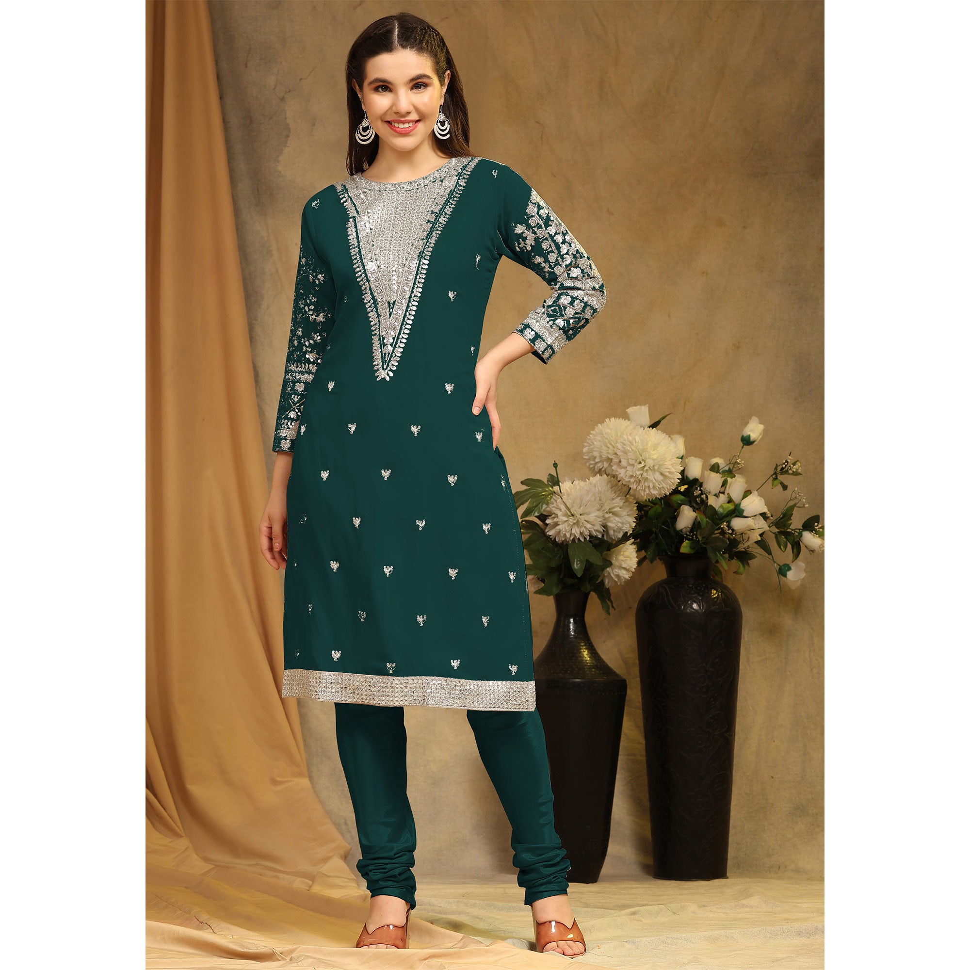 Rama Green Sequins Embroidered Georgette Semi Stitched Salwar Suit