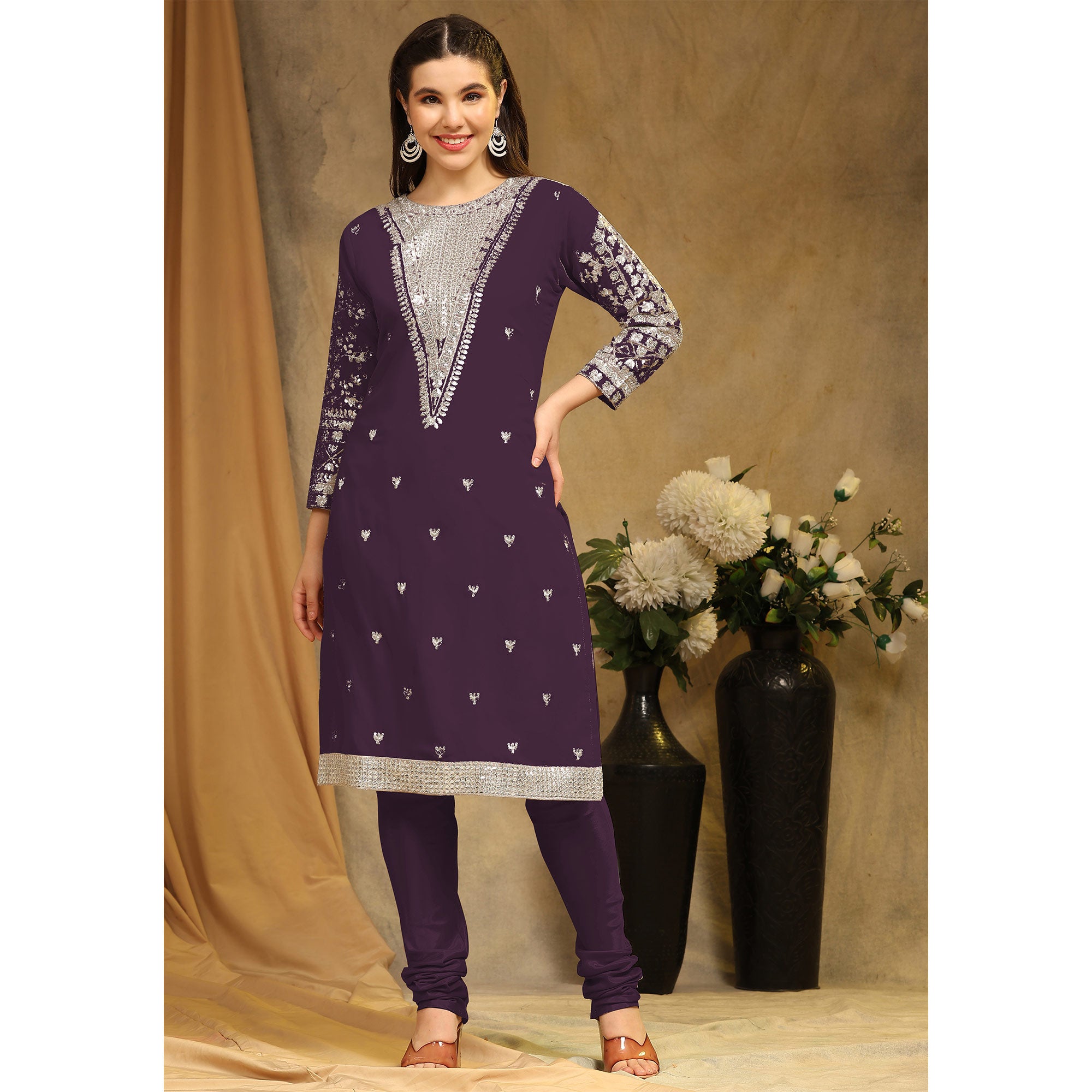 Wine Sequins Embroidered Georgette Semi Stitched Salwar Suit