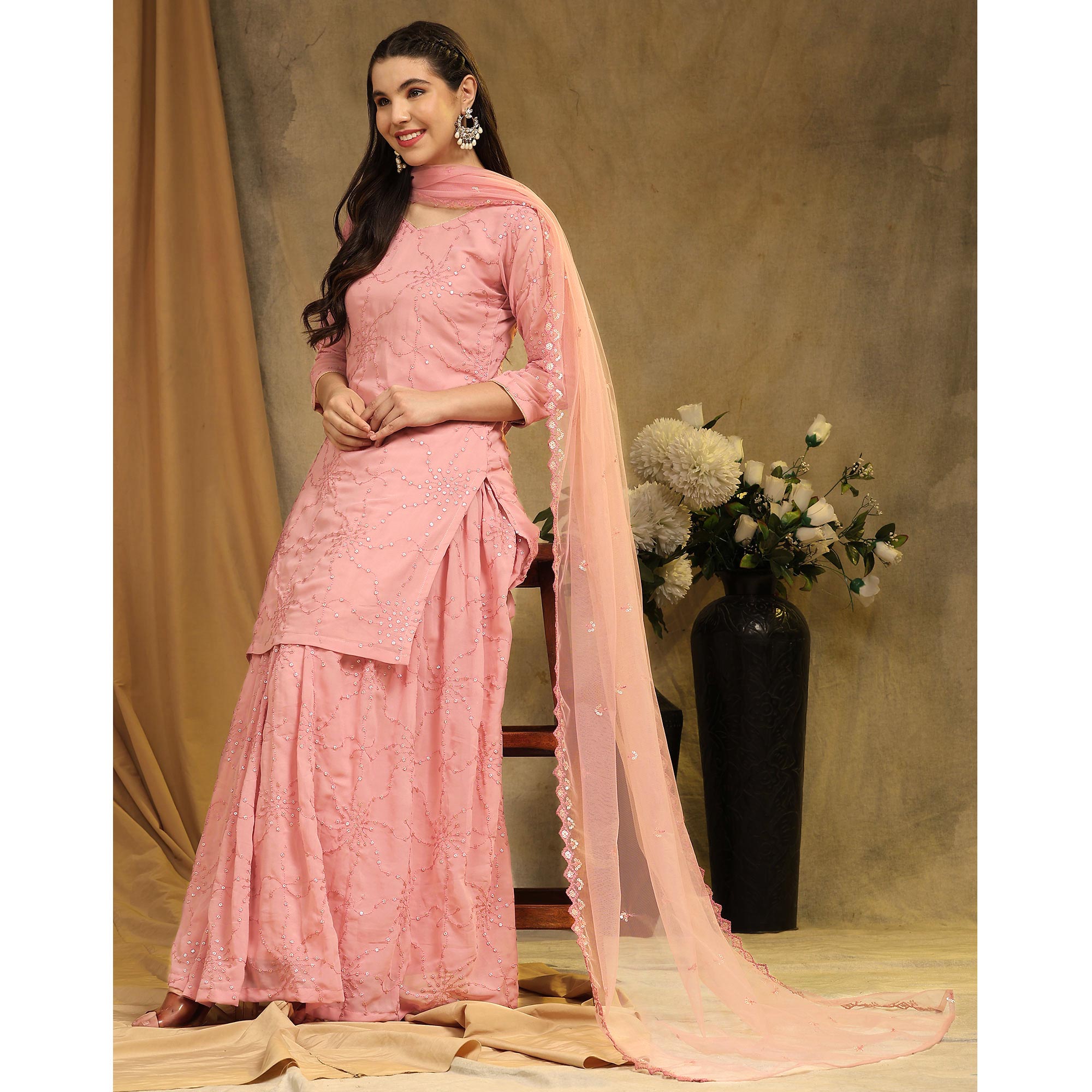 Peach Embroidered Georgette Semi Stitched Sharara Suit