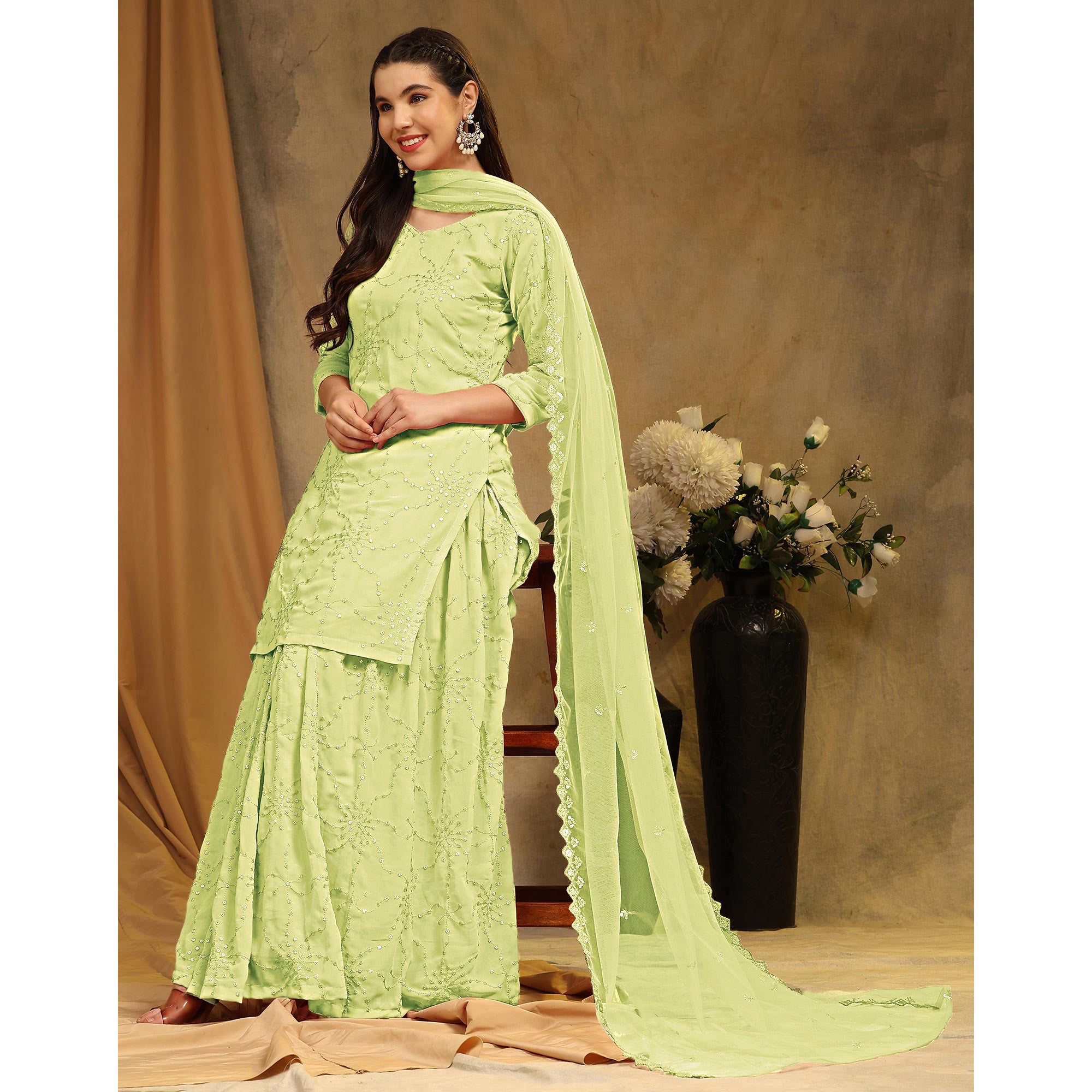 Parrot Green Embroidered Georgette Semi Stitched Sharara Suit