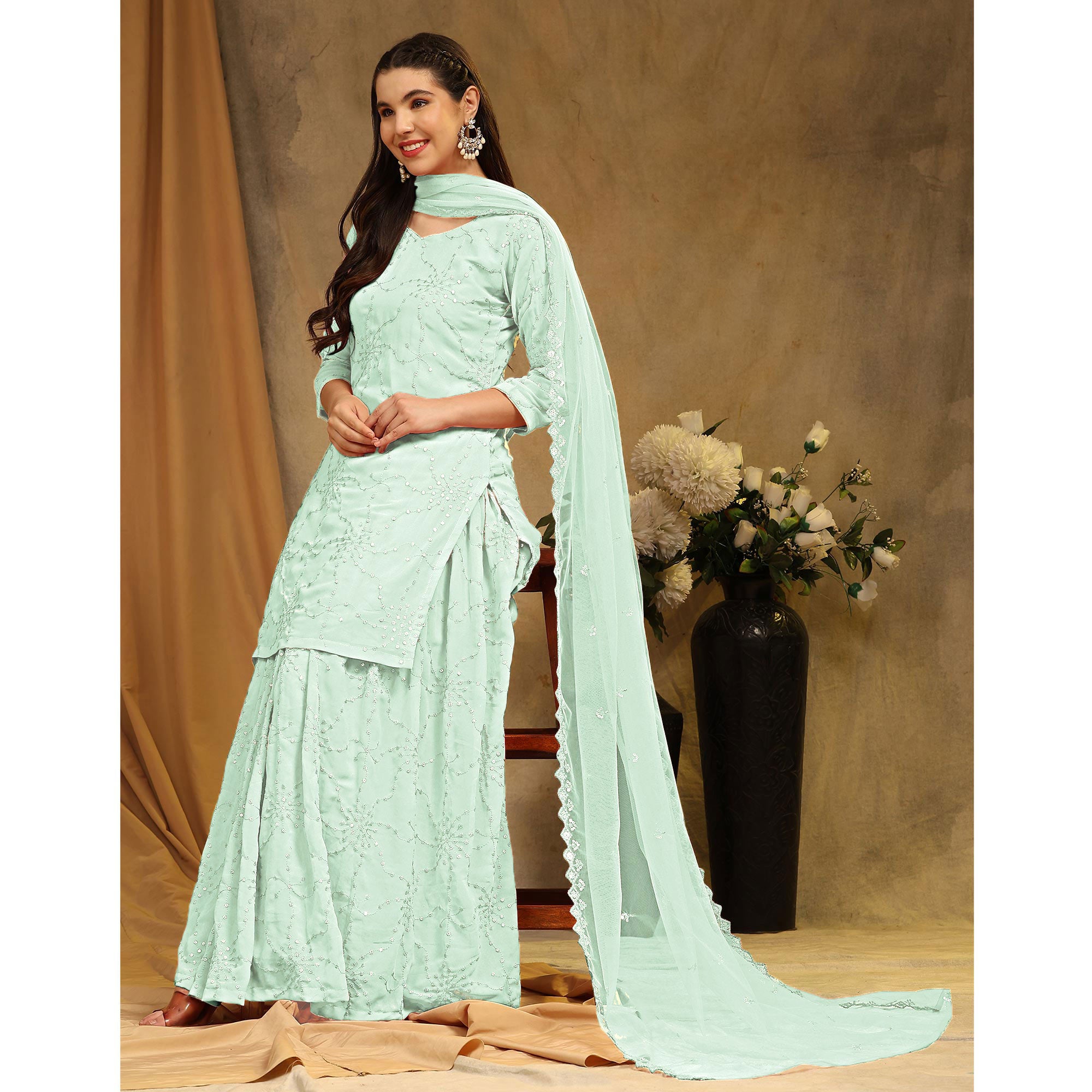 Green Embroidered Georgette Semi Stitched Sharara Suit