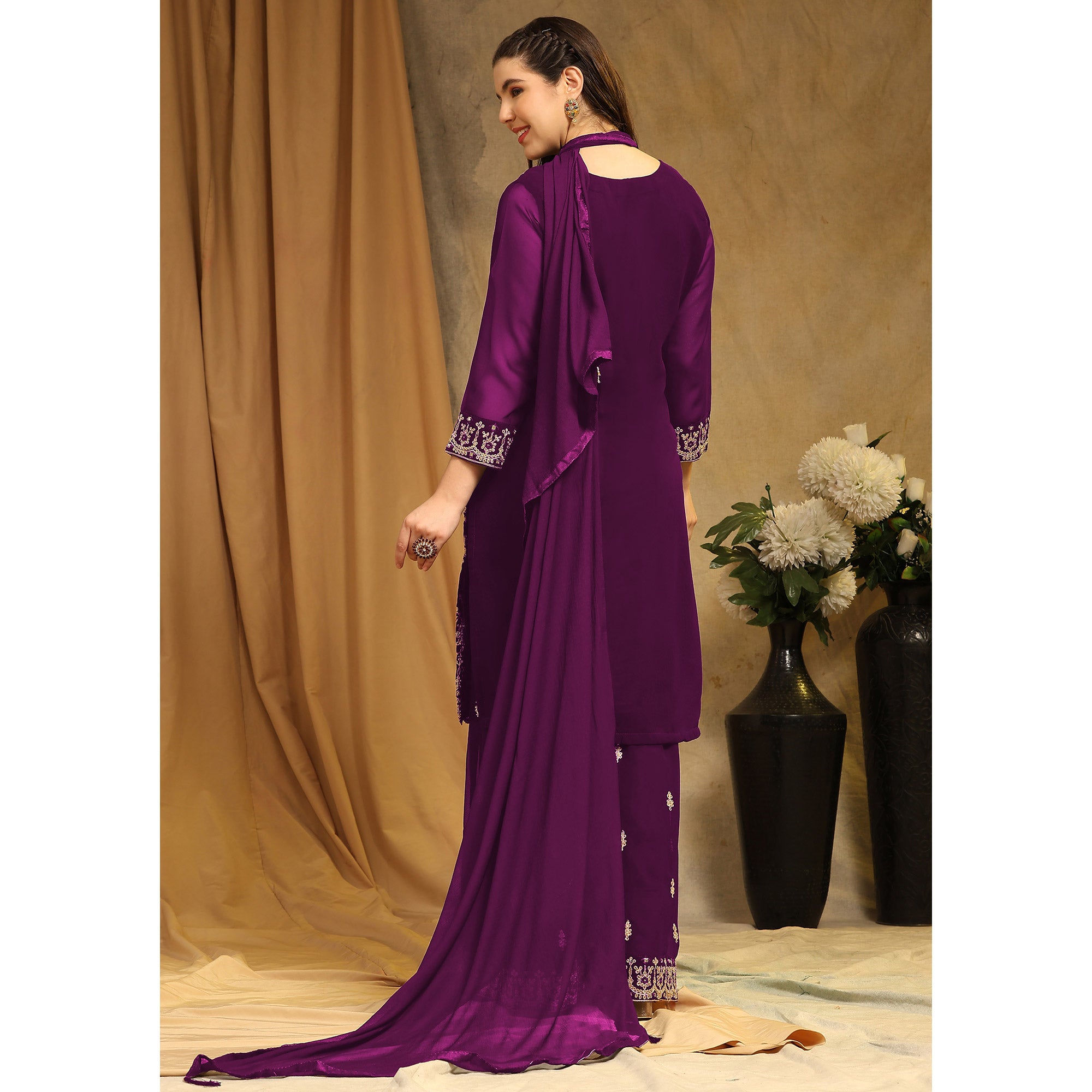 Purple Floral Embroidered Georgette Semi Stitched Suit