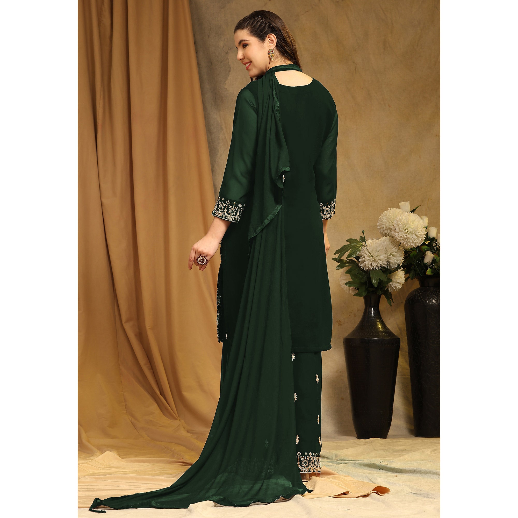 Bottle Green Floral Embroidered Georgette Semi Stitched Suit