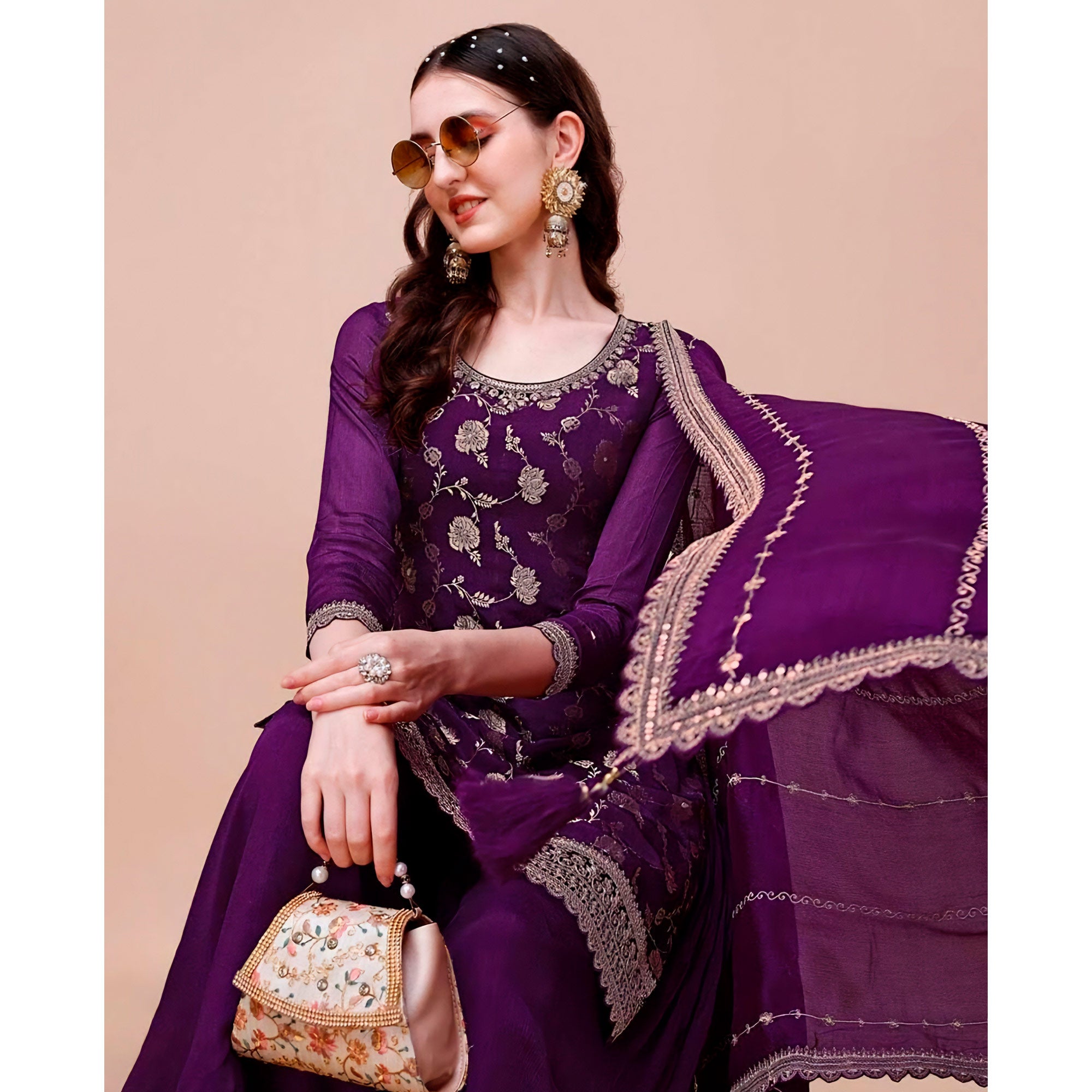 Purple Floral Zari Woven Chinon Semi Stitched Dress Material