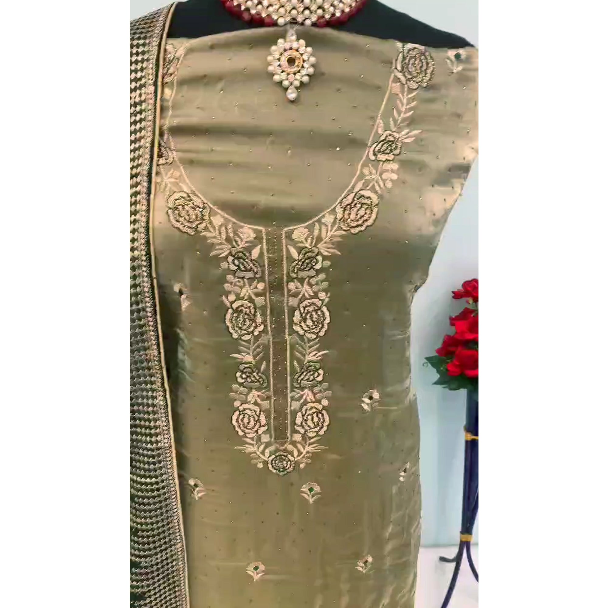 Green Floral Embroidery With Swarovski Work Jimmy Choo Tissue Semi Stitched Suit