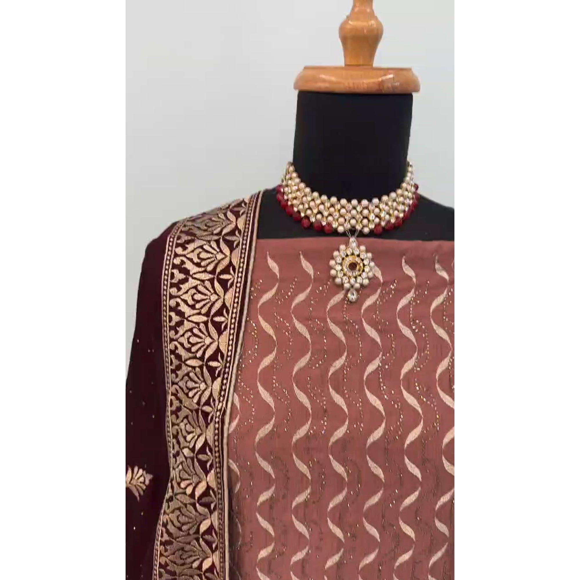 Rust Embroidery With Swarovski Work Vichitra Silk Semi Stitched Suit