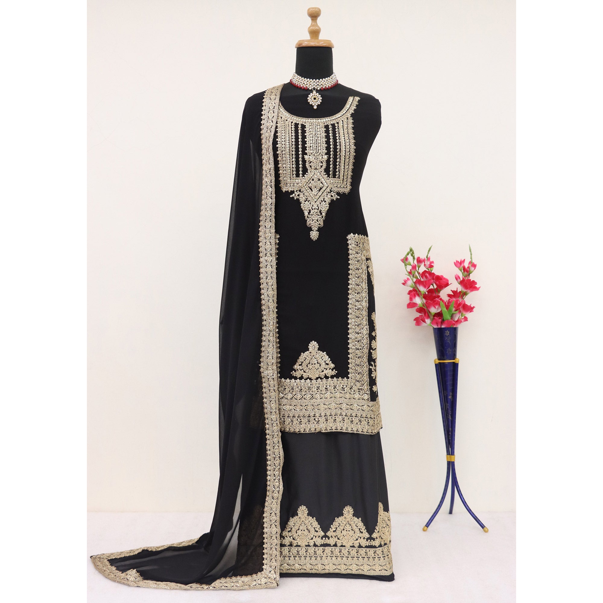 Black Floral Sequins Embroidered Georgette Semi Stitched Salwar Suit