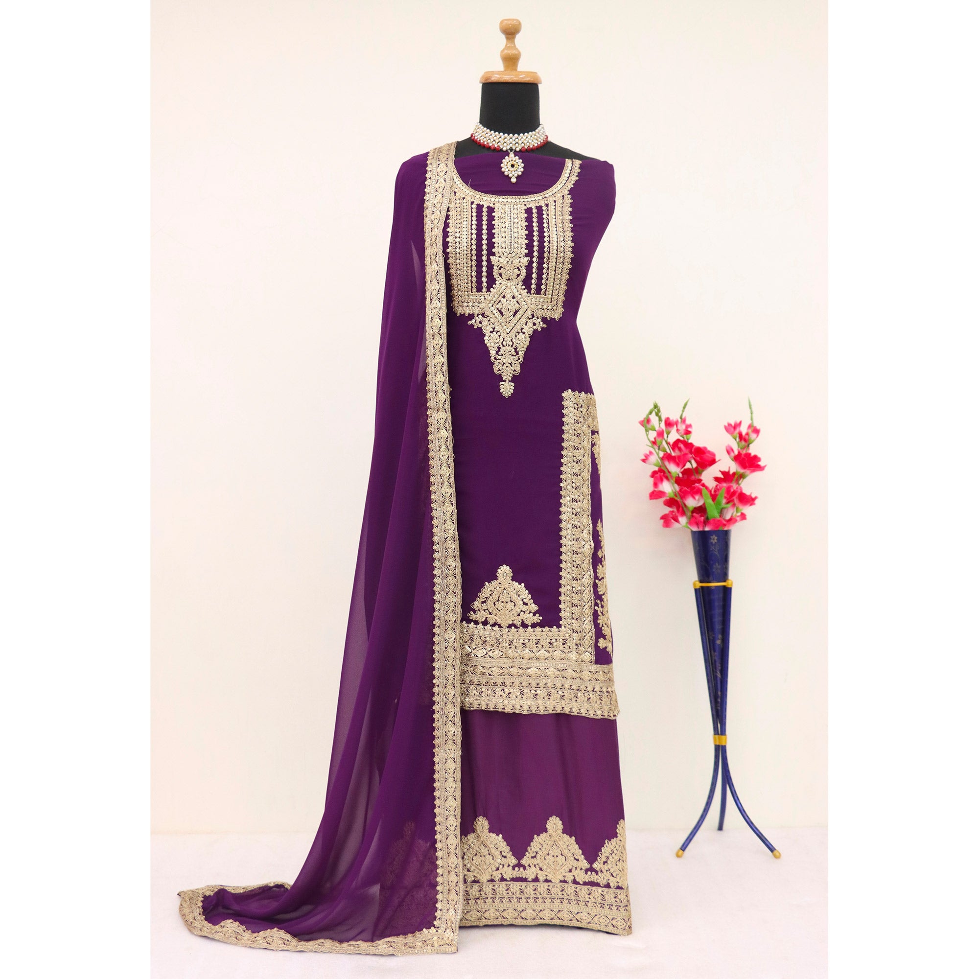 Purple Floral Sequins Embroidered Georgette Semi Stitched Salwar Suit