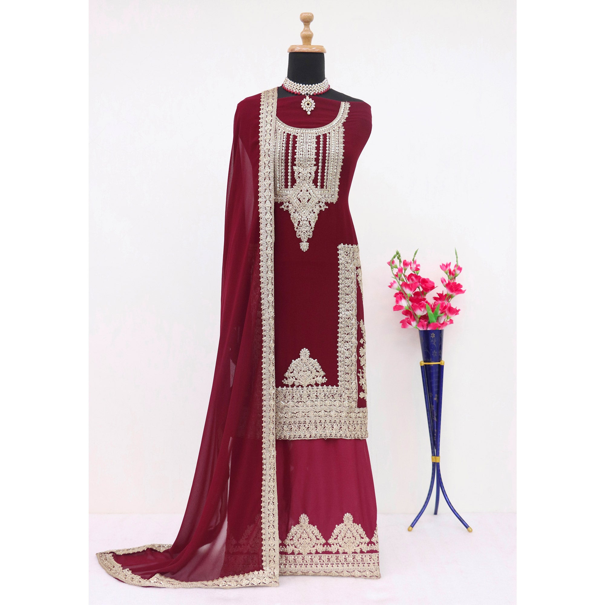 Maroon Floral Sequins Embroidered Georgette Semi Stitched Salwar Suit