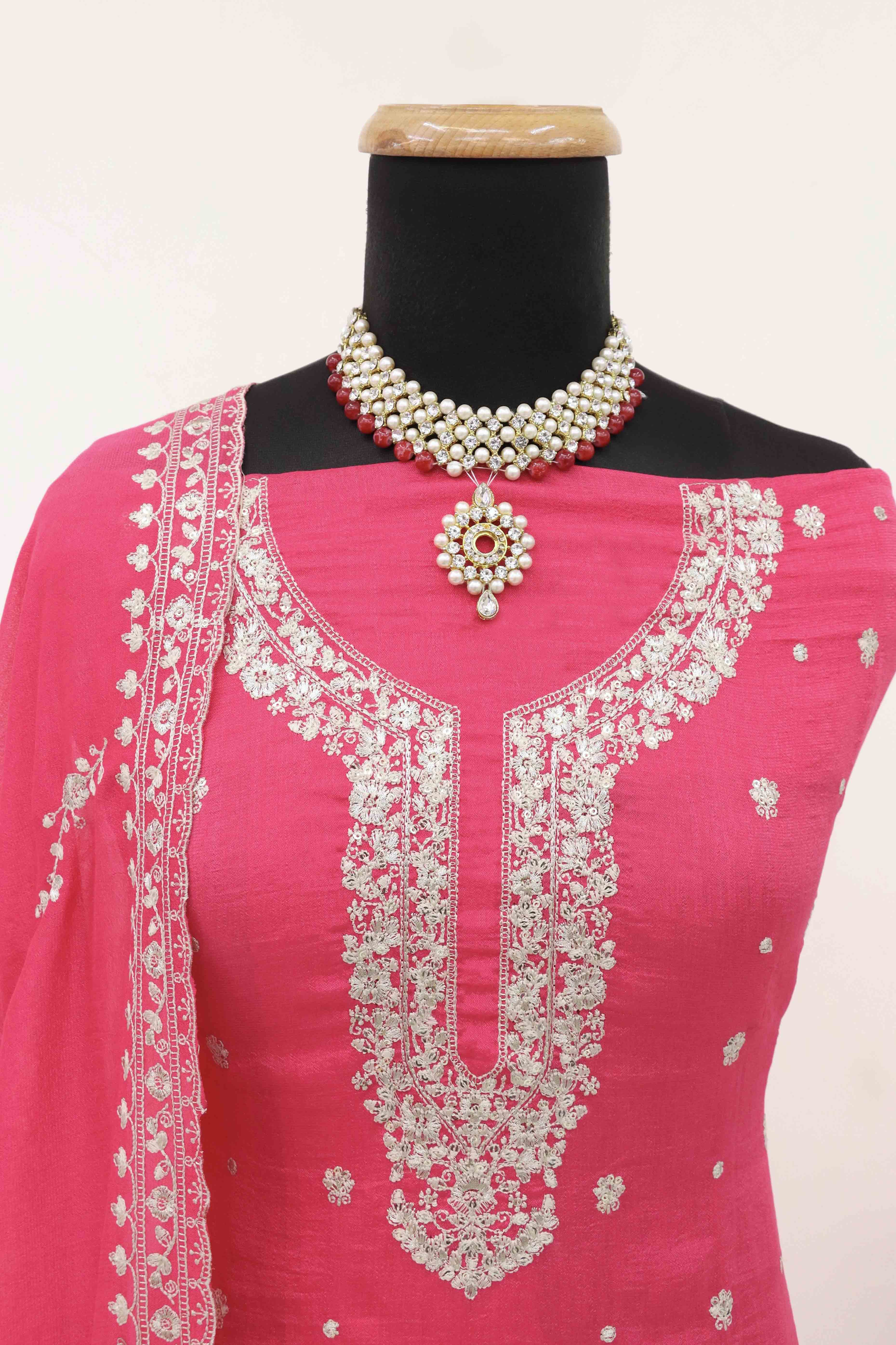 Pink Floral Sequins Embroidered Satin Silk Semi Stitched Suit