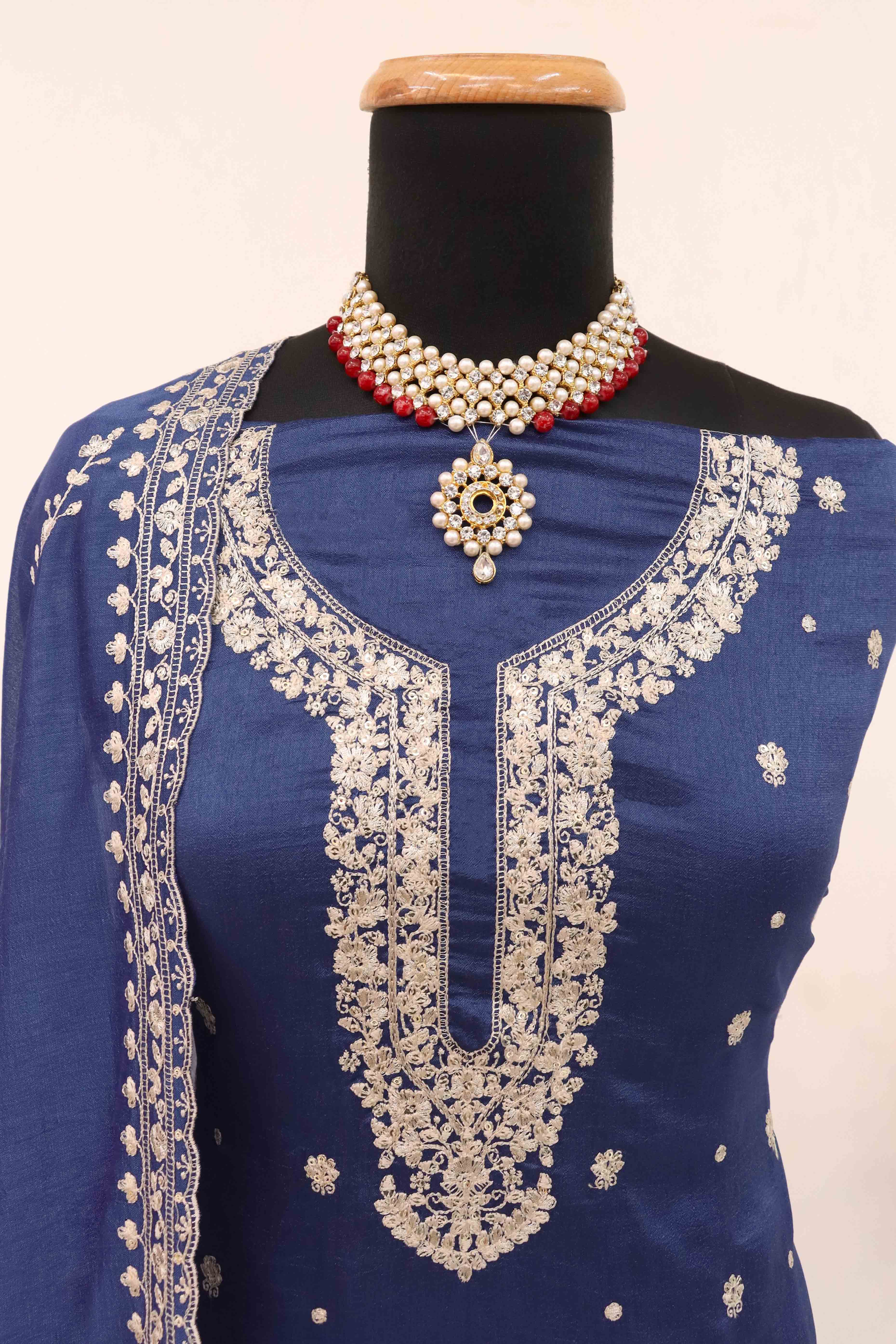 Blue Floral Sequins Embroidered Satin Silk Semi Stitched Suit