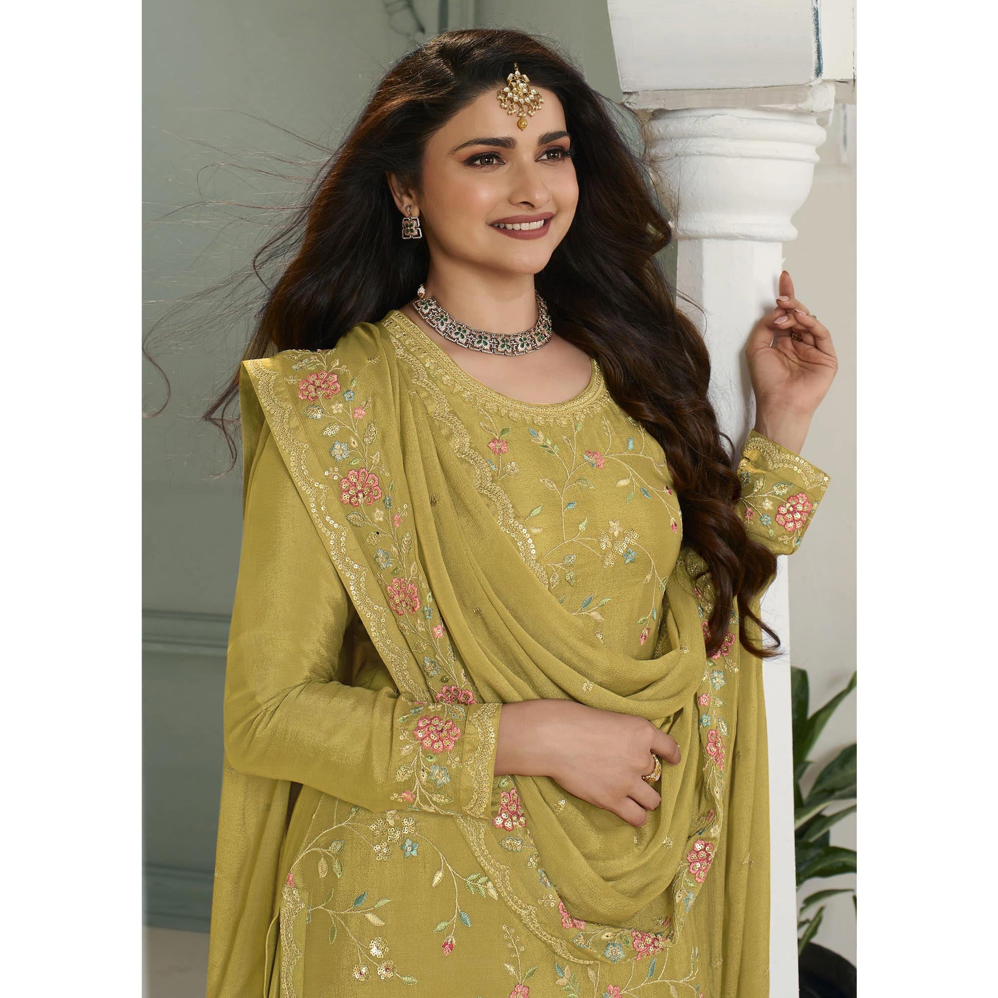 Mustard Floral Embroidered Chinon Sharara Salwar Suit
