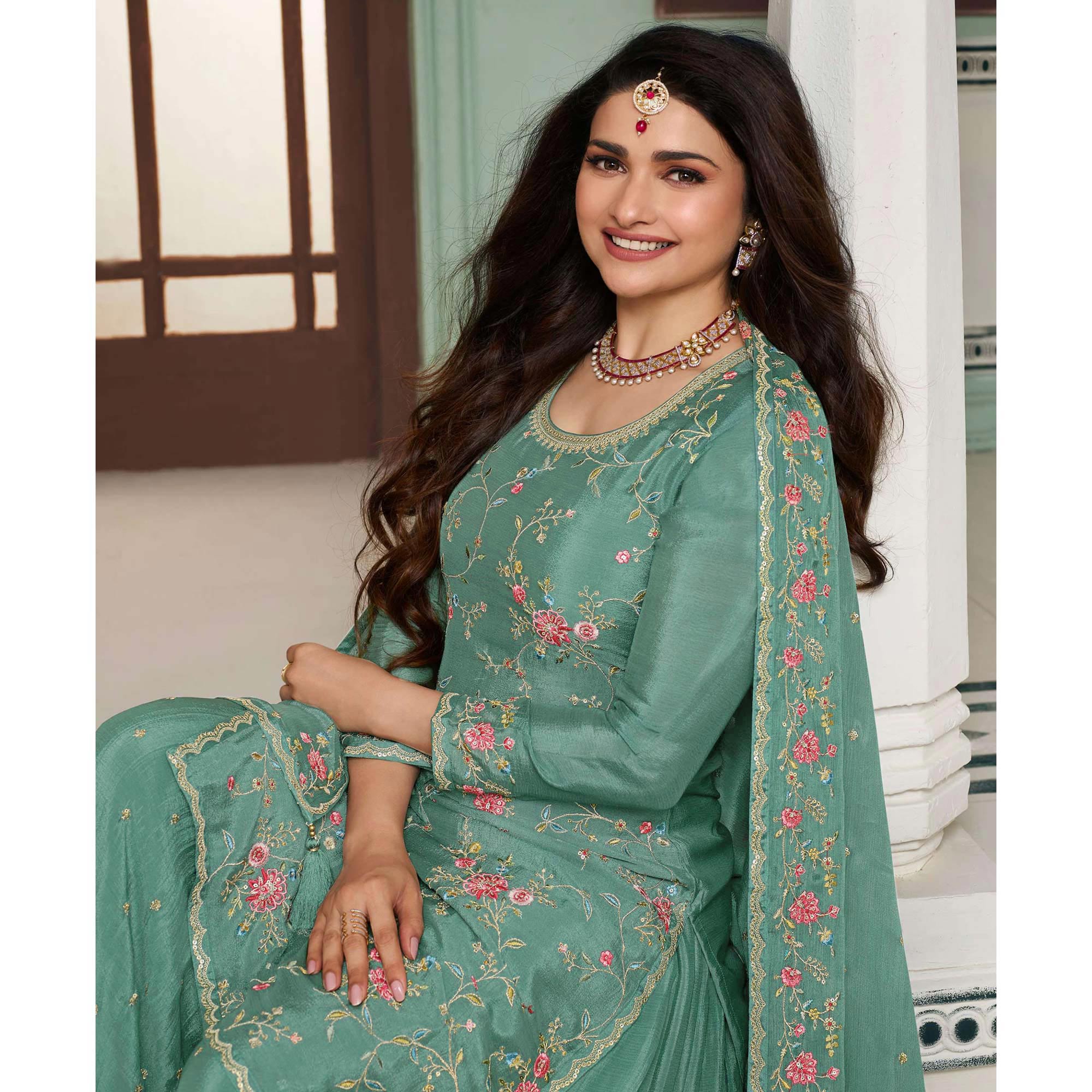 Dusty Green Floral Embroidered Chinon Sharara Salwar Suit